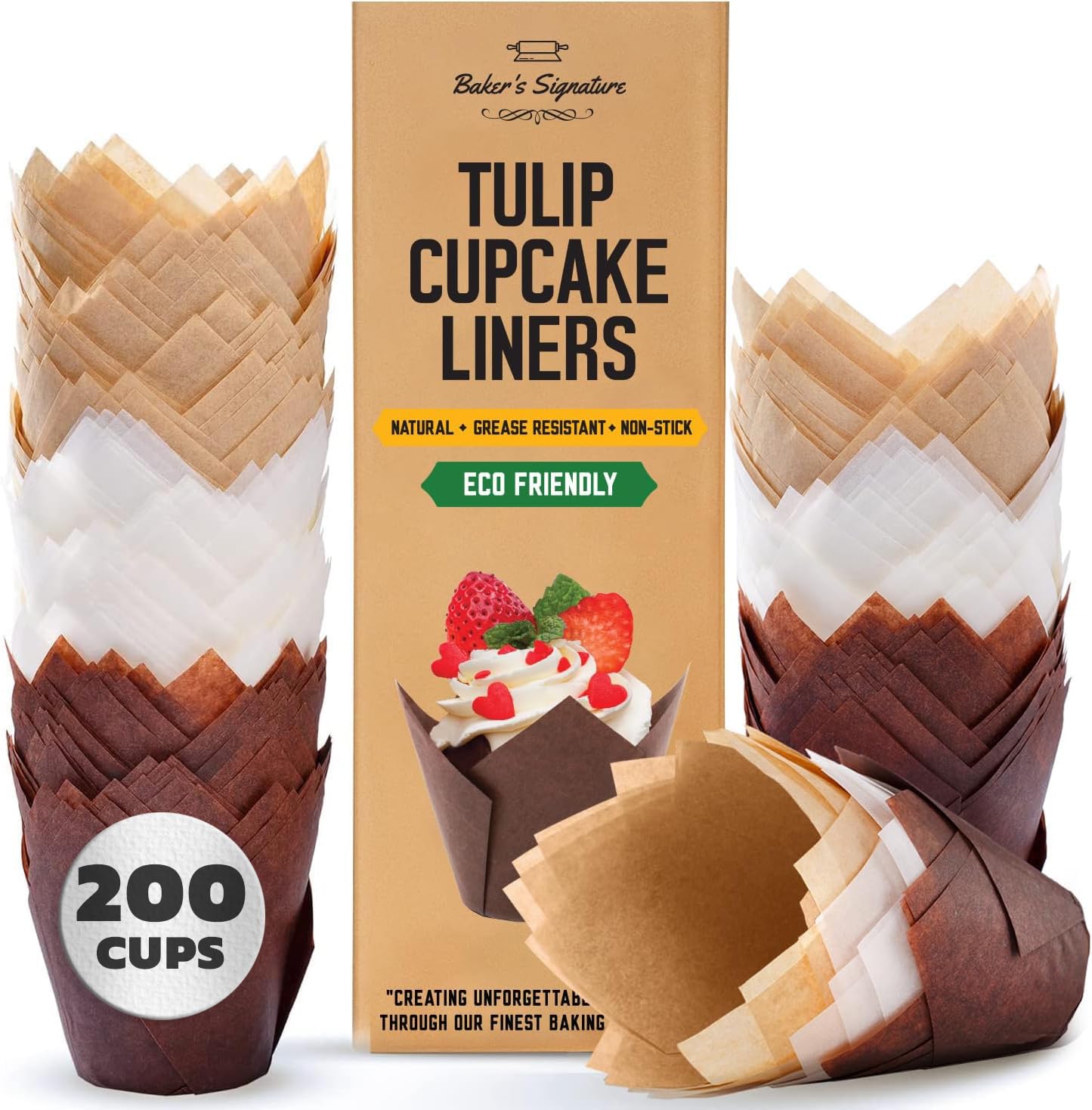 Tulip Cupcake Liners, Muffin Liners for Baking by Baker’s Signature 200pcs of Parchment Paper Cups Cupcake Wrappers – Perfect Size, Sturdy, Greaseproof & Easy to Use – Beige White Brown