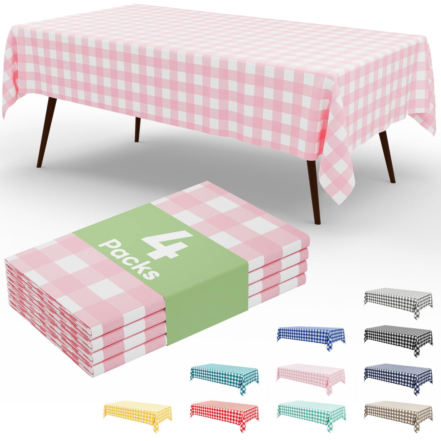 misaya 4 Packs Buffalo Disposable Table Cloth, 54 x 108 Inch Waterproof Plastic Tablecloth, Rectangle Pink and White Checkered Table Covers for Picnic, Birthday, Party, Mother's Day