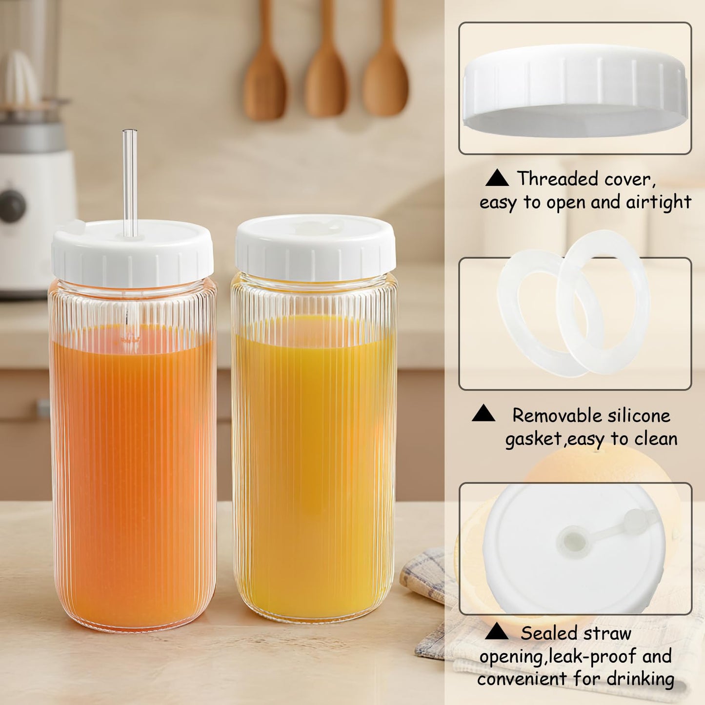 Ruckae 16oz Juice Bottles,Ribbed Glass Juicing Bottles with Lids,Smoothie Cup Lids and Straws,Water Bottle Mason Jar Drinking Glasses for Juicing,Smoothies,Kombucha (Clear-12 pack)