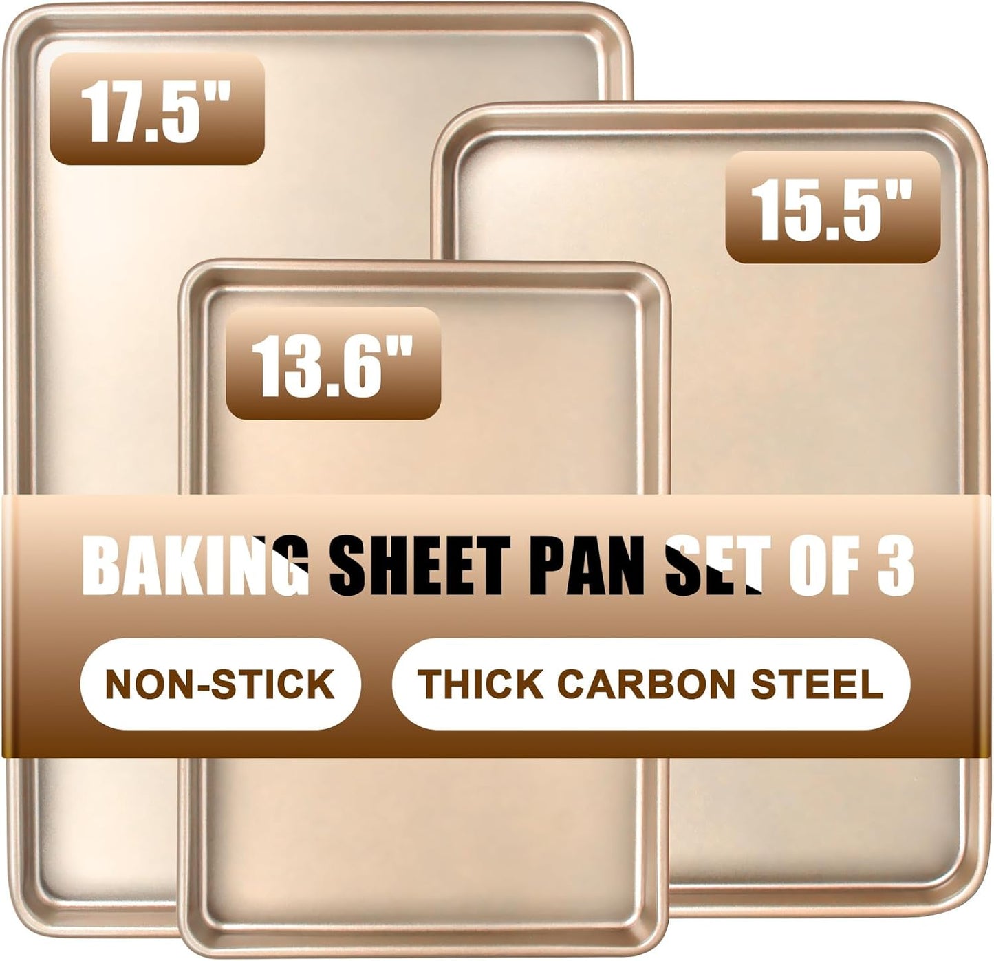 Skiennix Baking Sheet Pan Set - Nonstick Heavy Duty Cookie Sheets | 3-Piece Champagne Gold Set