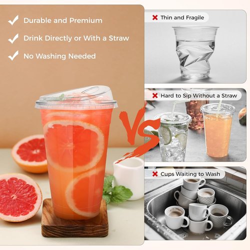 GGOLDMER 20 oz Clear Plastic Cups - 25 Sets with Strawless Sip Lids for Iced Coffee & Smoothies