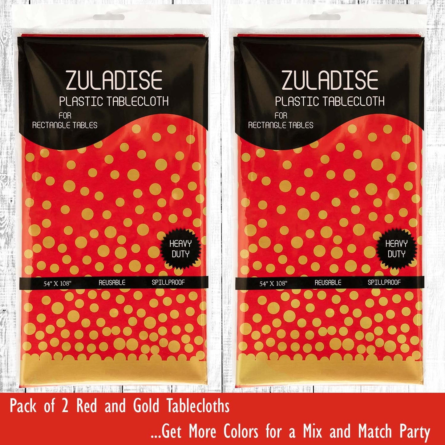 ZULADISE 2 Pack Premium Red and Gold Plastic Tablecloths – Thick, Durable, Reusable Table Covers (54 x 108 in) – Disposable Party Tablecloths for Birthday, Graduation, Christmas and Event Decorations