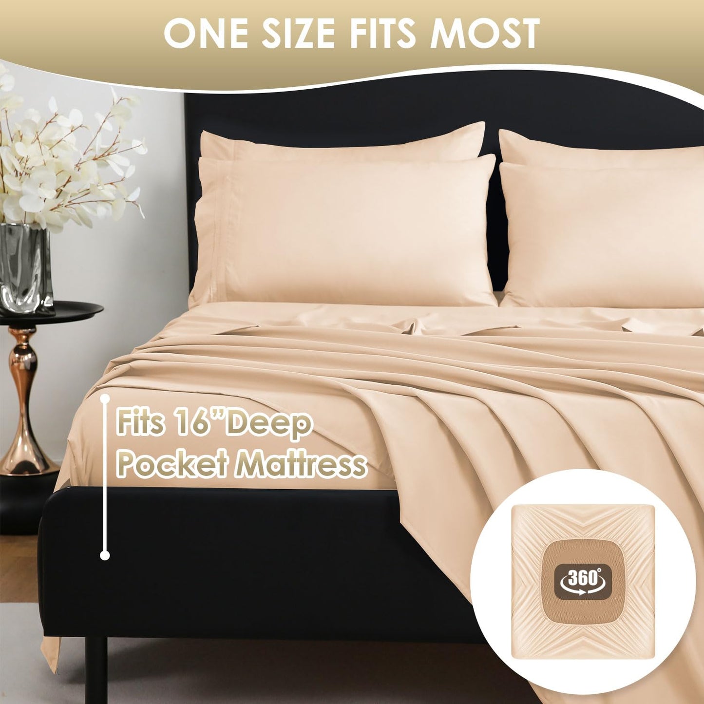 CozySmile Full Sheet Set,Luxury Silky Soft 6 Piece Bed Sheet Set Fits 16 inch Deep Pocket Mattresses, Wrinkle Free & Breathable Cooling Machine Washable Hotel Bedding Sheets Full Size (Champagne)