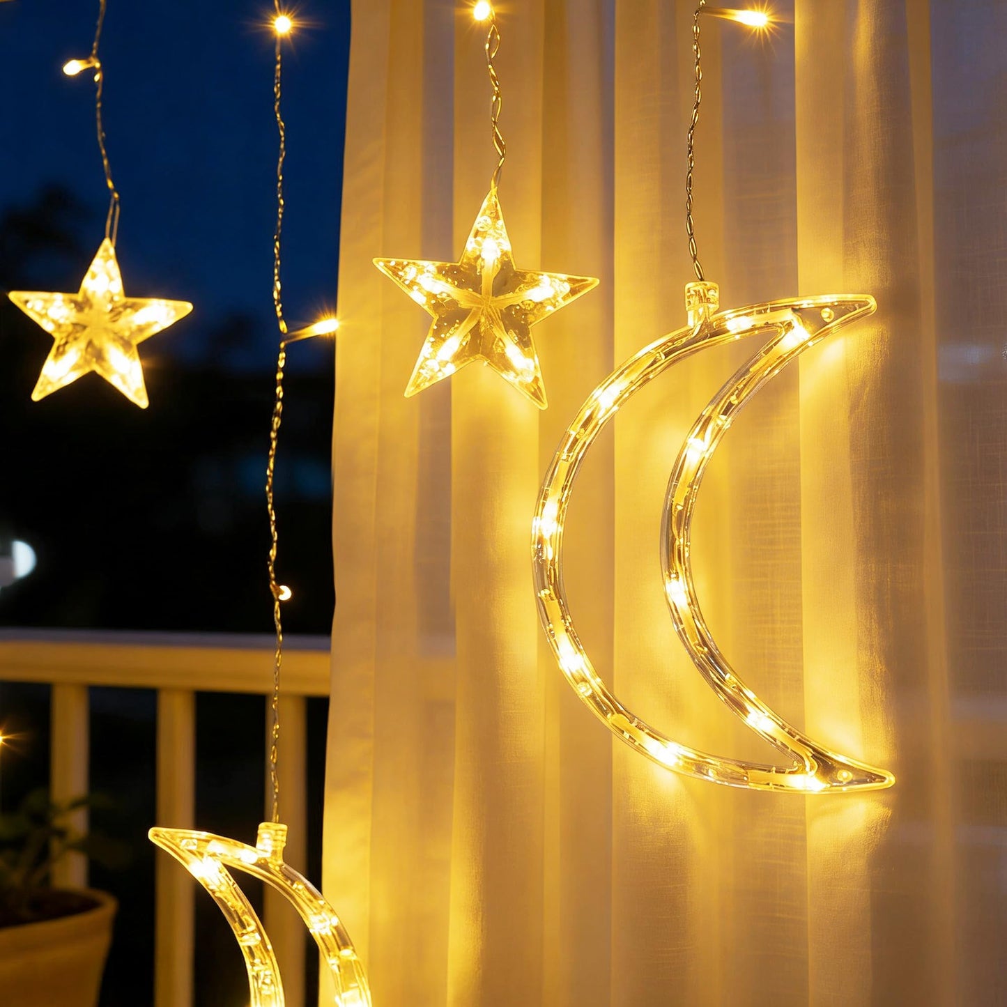 TW SHINE Ramadan Star Moon Curtain String Lights, 138 LED 8.2 FT Star Moon Hanging Lights with 8 Modes and Timer, Waterproof Fairy Lights for Indoor Outdoor Window Holiday Mubarak Ramadan Decorations