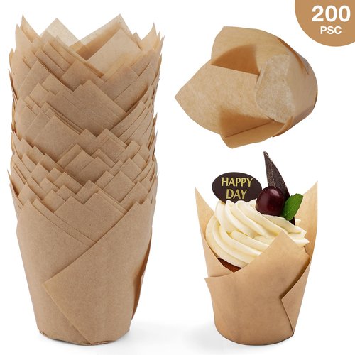 200pcs Tulip Cupcake Liners, Standard Greaseproof Paper Baking Cups Muffin Liners Holders Perfect for Bridal Showers, Baby Showers, Birthday Parties, Banquets, and Catering Events (Natural)