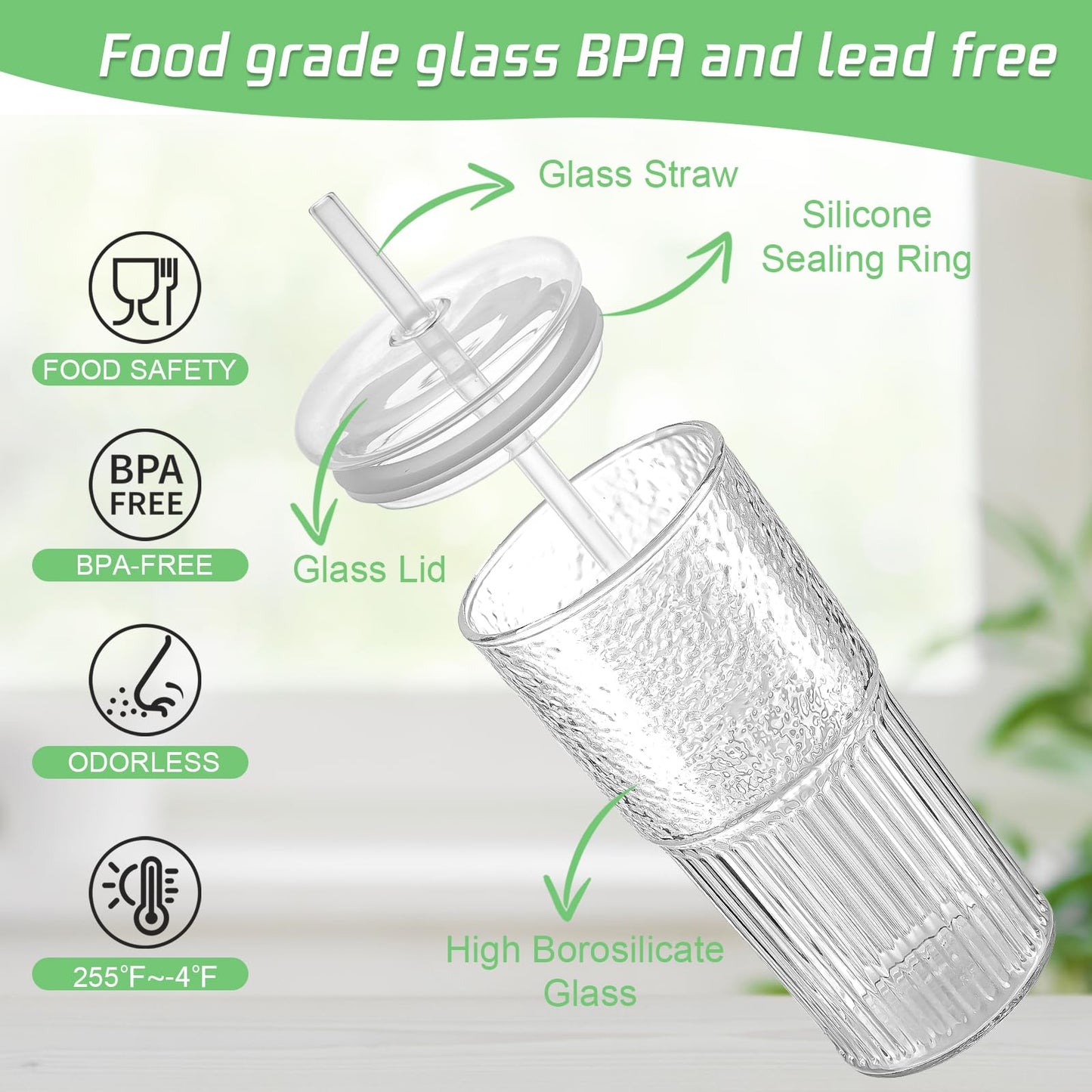Luiaiog Glass Cups with Lids and Glass Straws, High Borosilicate 20OZ Tumblers (2Pcs) for Coffee, Tea, Juice, Smoothies, Hot/Cold Drinks at Home, Office（Creative Drink Label Design）