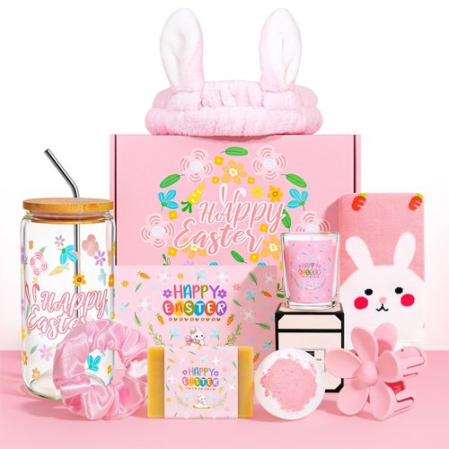 giftaker Easter Gifts Set for Women Sister Teens Stuff, Easter Basket Stuffers for Adults, Self Care Gift Basket with 16oz Glass Cup, Scented Candles Spa Set