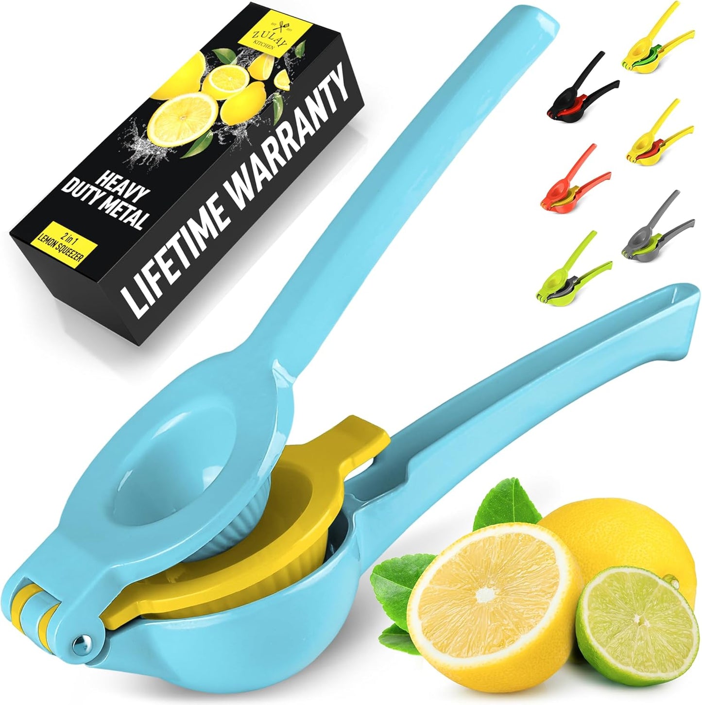 Zulay 2-In-1 Metal Lemon Squeezer - Sturdy Manual Juicer for Maximum Juice Extraction - Easy to Clean - Blue/Yellow
