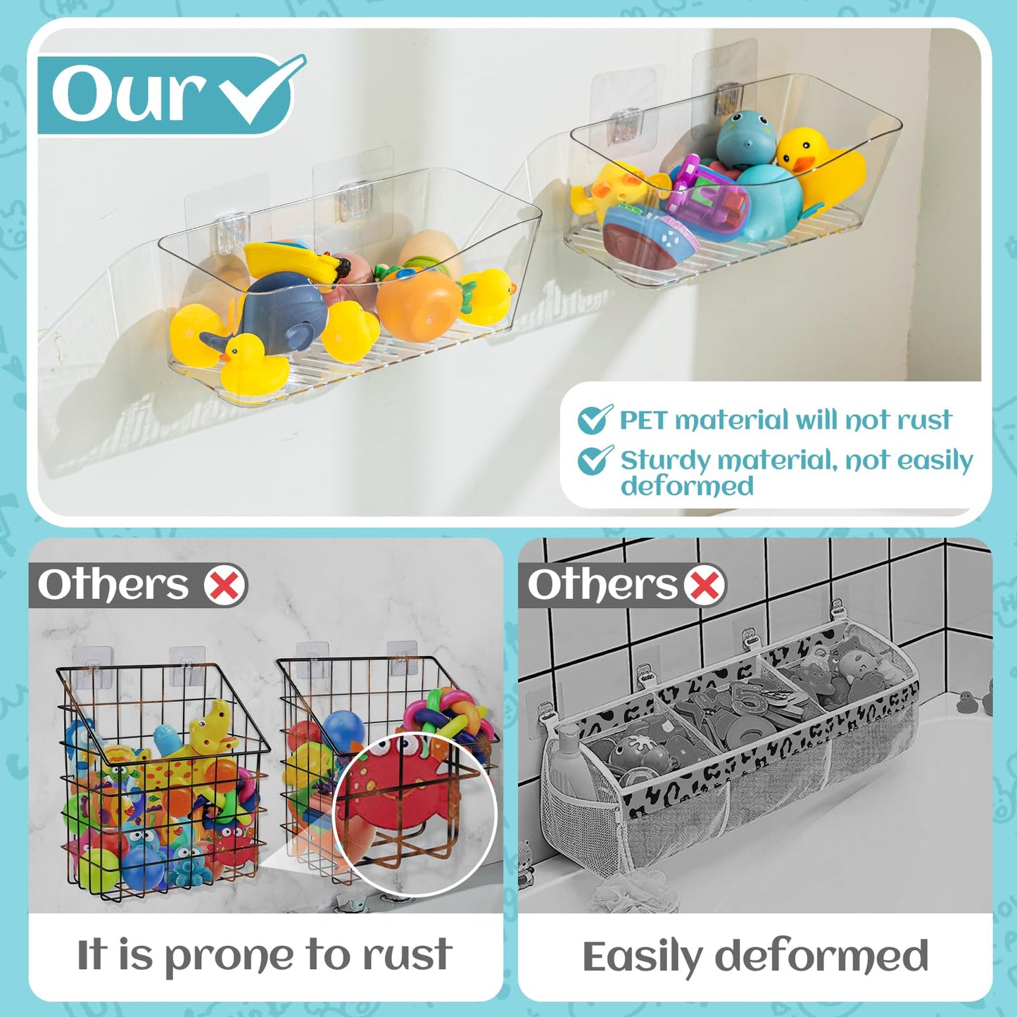 MIUKAA 2 Pack Large Bath Toy Storage Organizer, Clear Bath Toy Holder for Bathtub, Plastic Shower Toy Holder, Fast drainage, No Drilling Required, Easy to Install