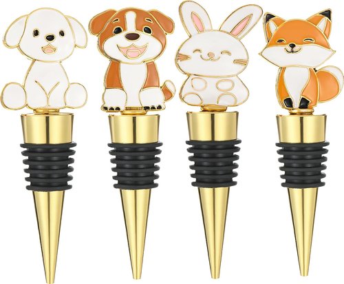 Christmas Wine Bottle Stopper,4 Pieces Christmas Dog Rabbit Fox Decorative Xmas Wine Bottle Stopper,Metal Reusable Christmas Bottle Stoppers for Wine, Champagne and Beer Collection (Animal)