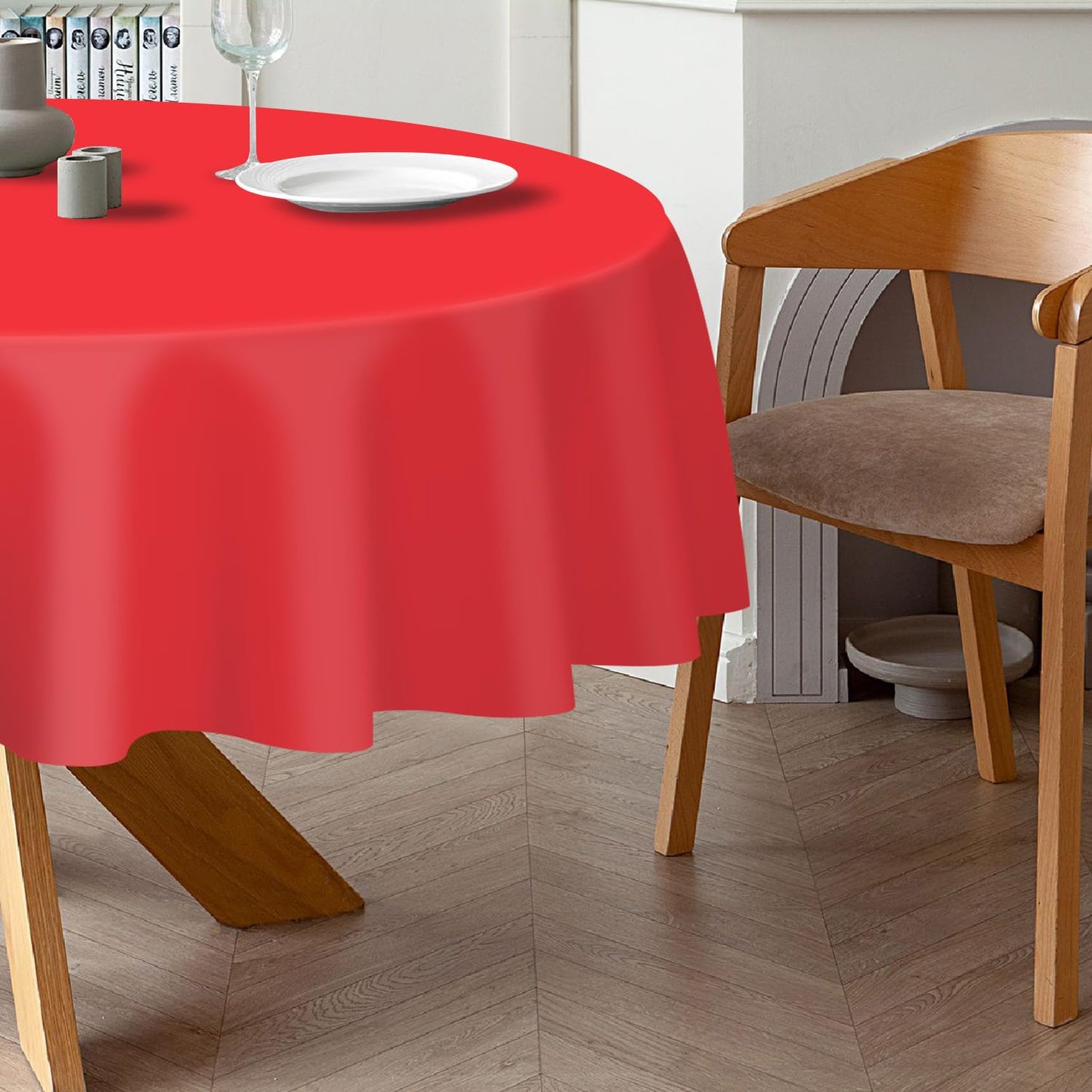 QIKSION Red Round Tablecloth 2 Pack, 84 Inch Plastic Table Cover Disposable for Parties
