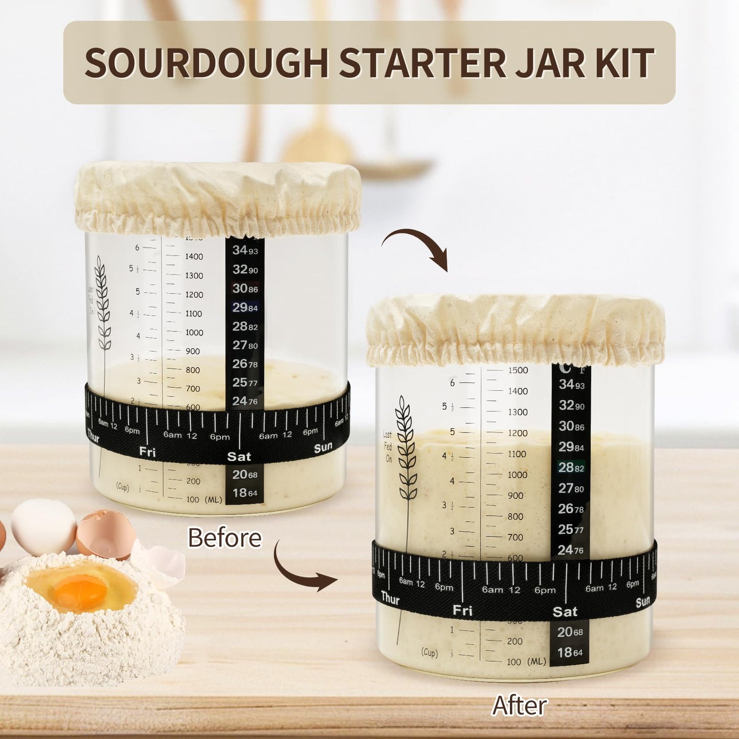 Rakovar 50oz Sourdough Starter Jar, Wide Mouth Sourdough Jar, Large Capacity Sourdough Starter Kit with Lid, Band, Date Tracker, Temp, Sourdough Bread Starter Kit for Perfect Sour Dough(2 Pack)