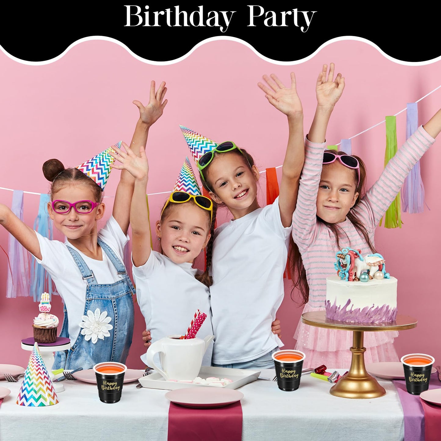 Layhit 100 Pcs Happy Birthday Plastic Shot Glasses 2oz Disposable Shot Cups for Party Mini Drinking Cups for Birthday Wedding Party Favors Tasting Serving Snacks Samples(Black)