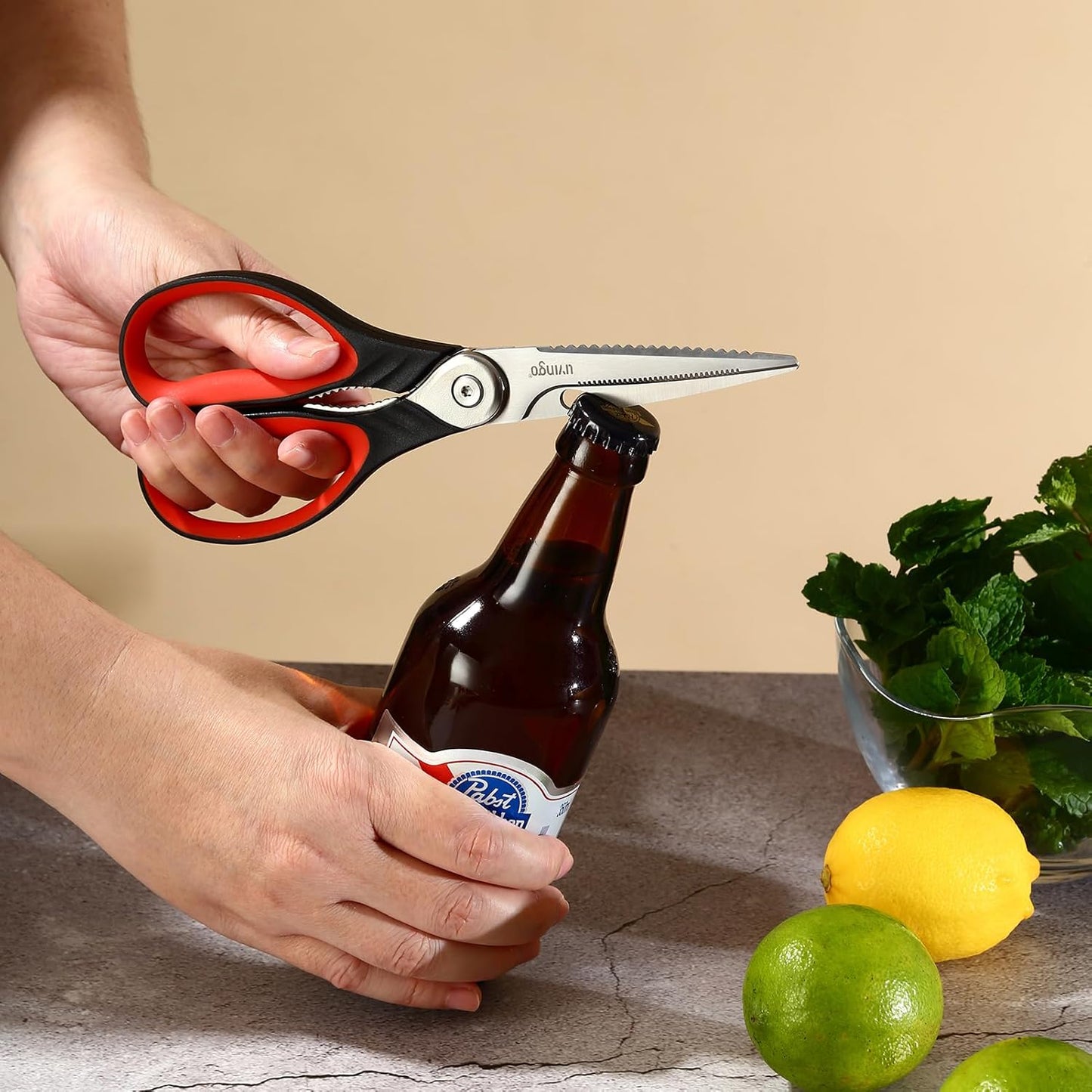 LIVINGO Heavy Duty Kitchen Scissors - Multi-Purpose Food Shears with Serrated Blades | Black & Red Handle
