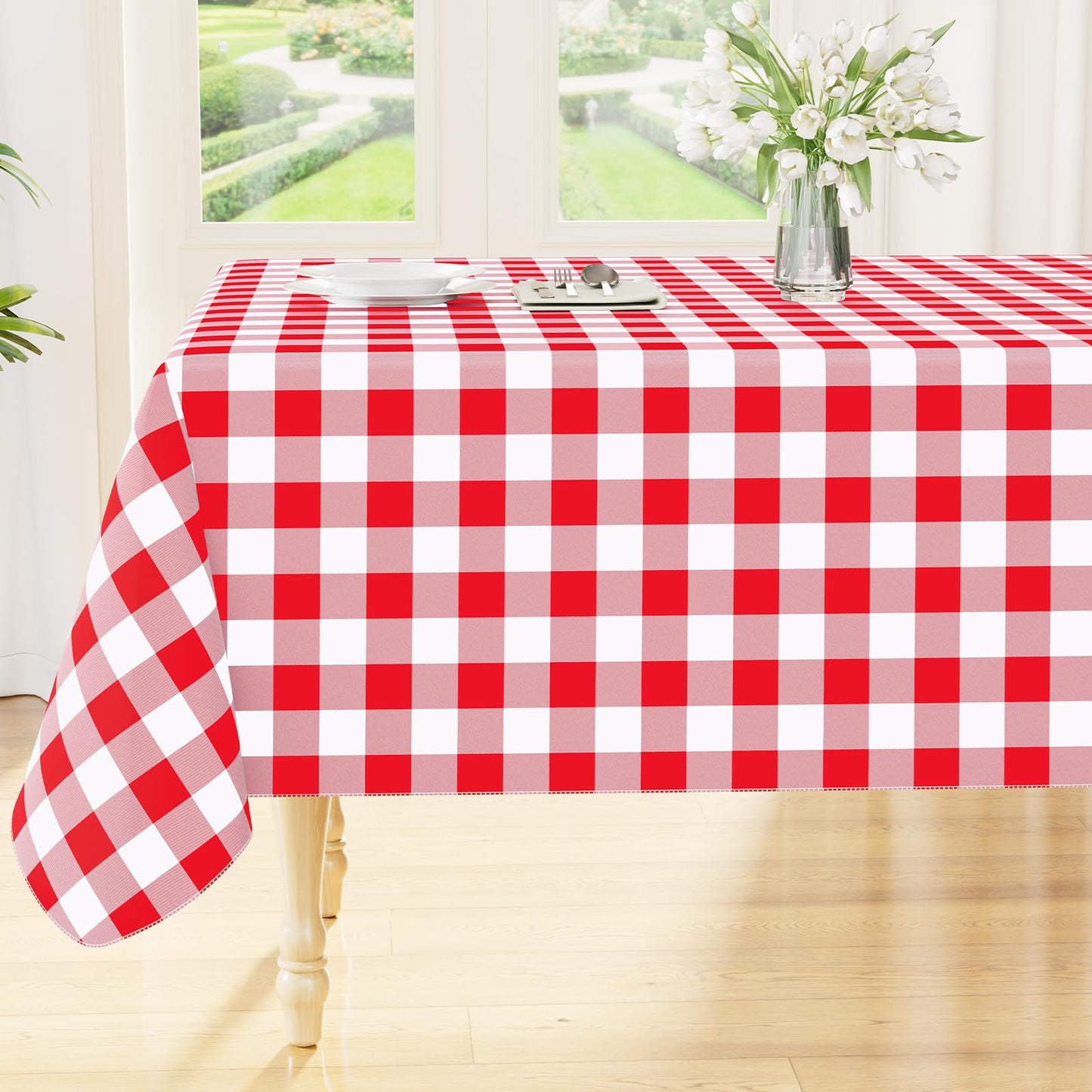 Smiry Rectangle Table Cloth, Waterproof Vinyl Tablecloths with Flannel Backing, Wipeable Buffalo Plaid Table Cover for Picnic, Indoor and Outdoor (Red & White, 60"x84")