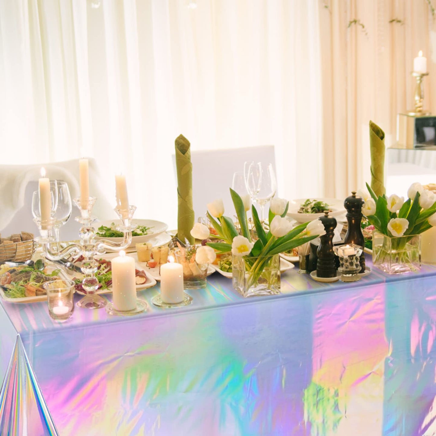 FunnyPars 4 Pack Iridescent Plastic Tablecloths, Shiny Disposable Laser Rectangle Table Covers, Holographic Foil Tablecloth Iridescent Birthday Party Supplies Decorations