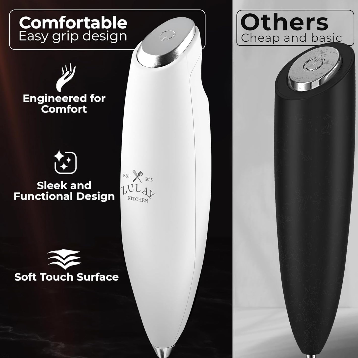 Zulay Kitchen Tornado Triple Whisk Milk Frother - Handheld Foam Maker for Coffee & Lattes - Blizzard White with 4 Duracell Batteries