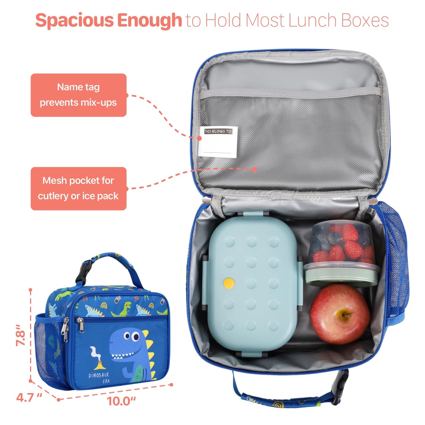 BrainyBees Insulated Kids Lunch Bag - Reusable Boys Lunch Box with Water Bottle Holder Toddler Lunch Tote Bag for Daycare and School, Easy to Clean, Blue Cute Dinosaur