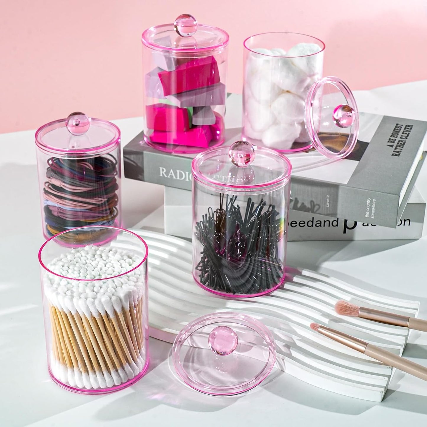 XIPENGKEJI Qtip Holder Set - 4 Pack Apothecary Jars with Lids for Cotton Swabs & Pads | 10oz-12oz Pink