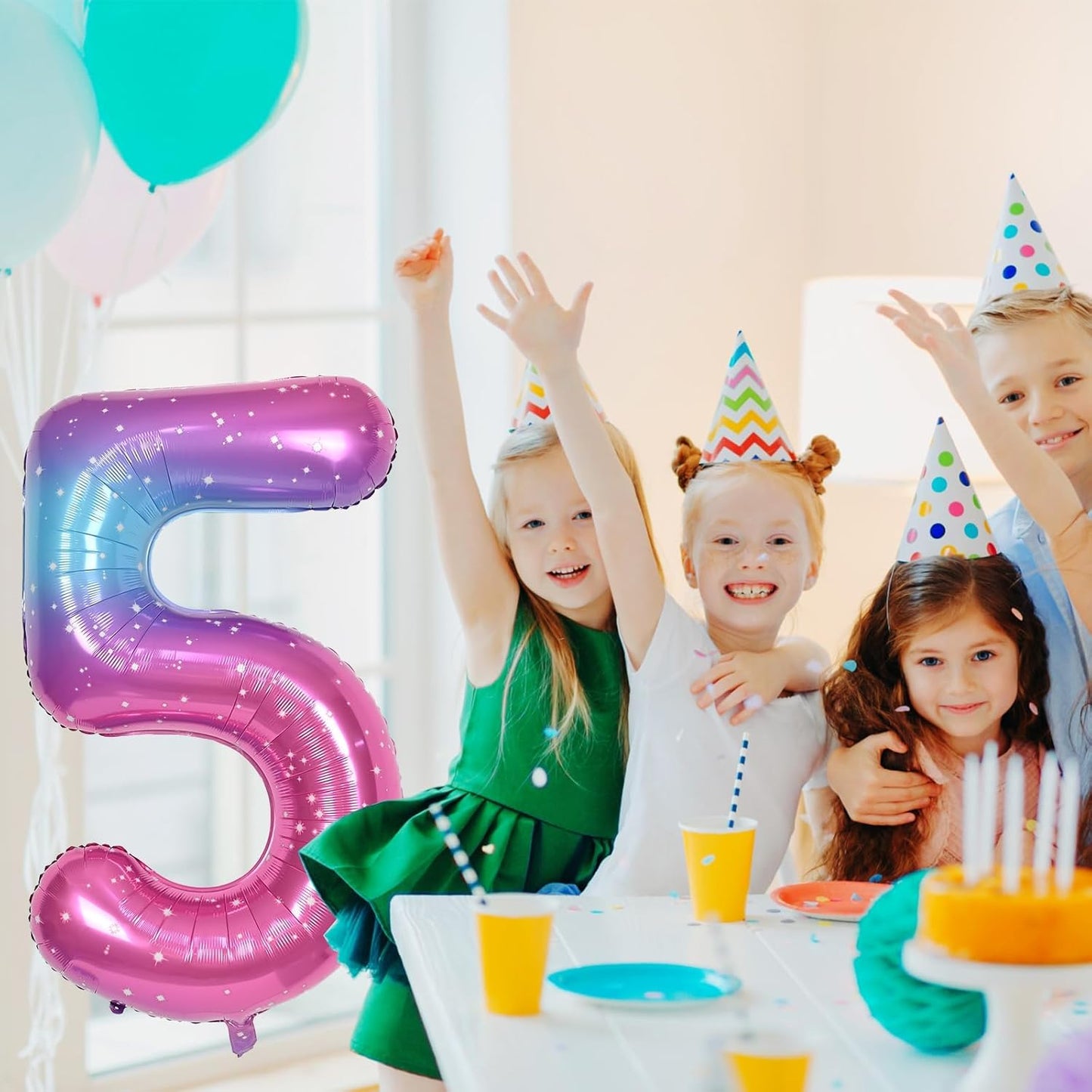 Skiennix 40'' Rainbow Number 7 Balloon - Giant Self-Inflating Gradient Blue & Pink Foil for 7th Birthday Party Decorations