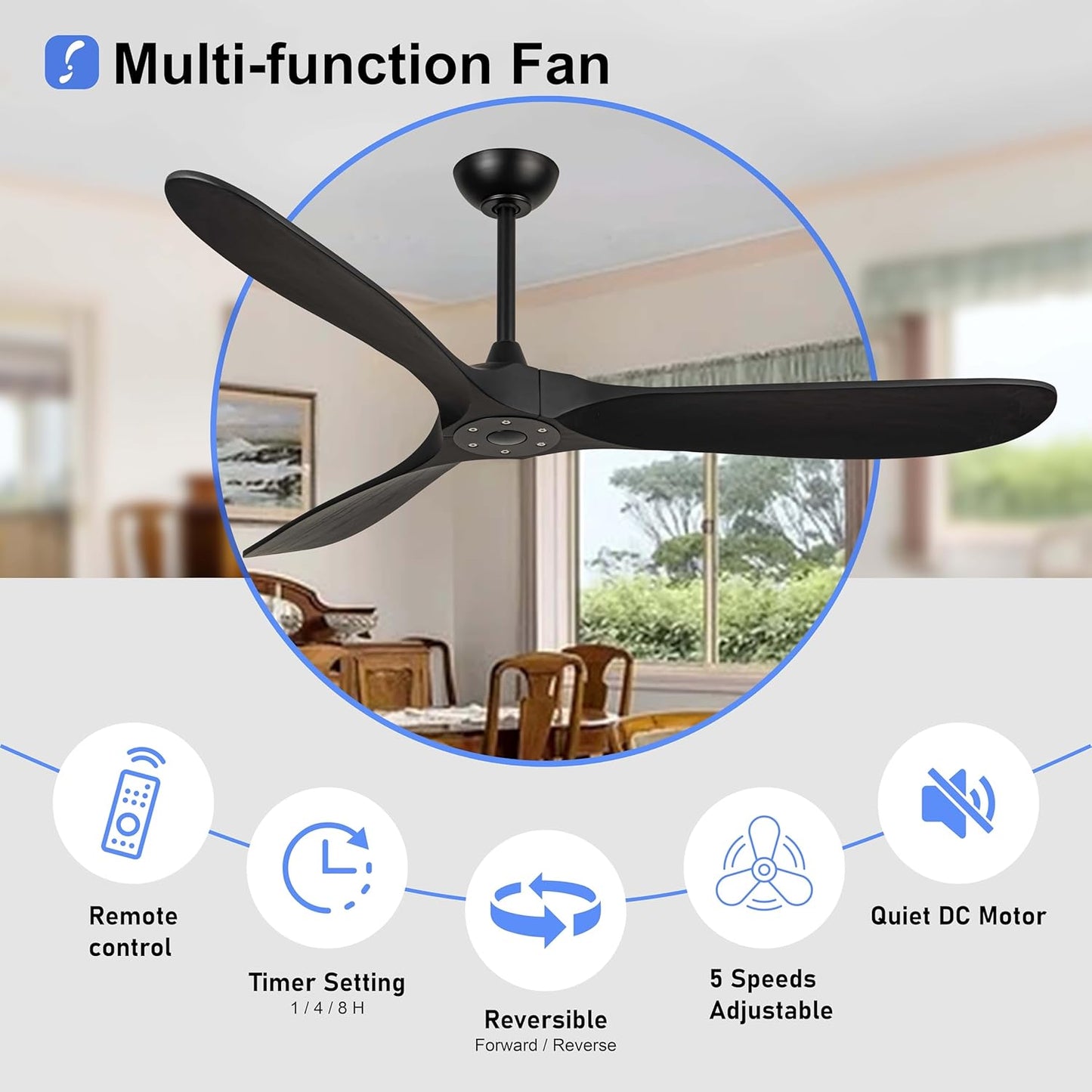 60 inch Ceiling Fans Without Lights, Wet Rated Outdoor Ceiling Fans with 3 Wood Blades, for Patios Outside Porch, Noiseless Reversible DC Motor and Remote, for Outdoor Indoor,Black