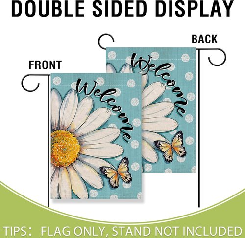 Artofy Welcome Spring Summer Daisy Flower Small Decorative Garden Flag, Floral Butterfly Blue Yard Lawn Outside Decor, Polka Dots Seasonal Burlap Outdoor Home Decoration Double Sided 12 x 18