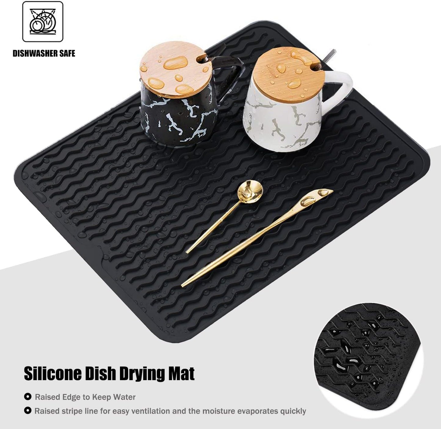 Skiennix Silicone Dish Drying Mat - Non-Slip, Heat-Resistant Kitchen Drainer | Large 16" x 12", Black