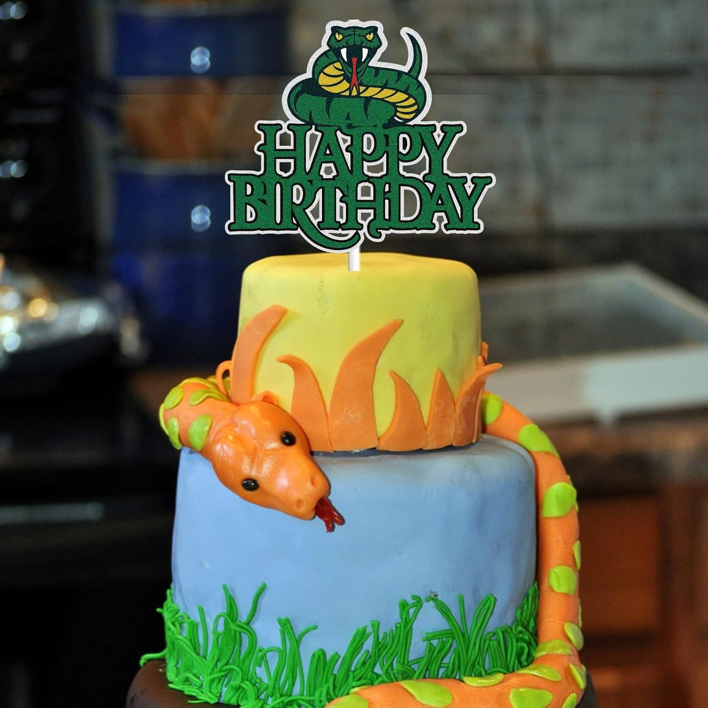 Snake Birthday Cake Topper - Green Glitter Jungle Animal Theme Decoration for Kids & Adults