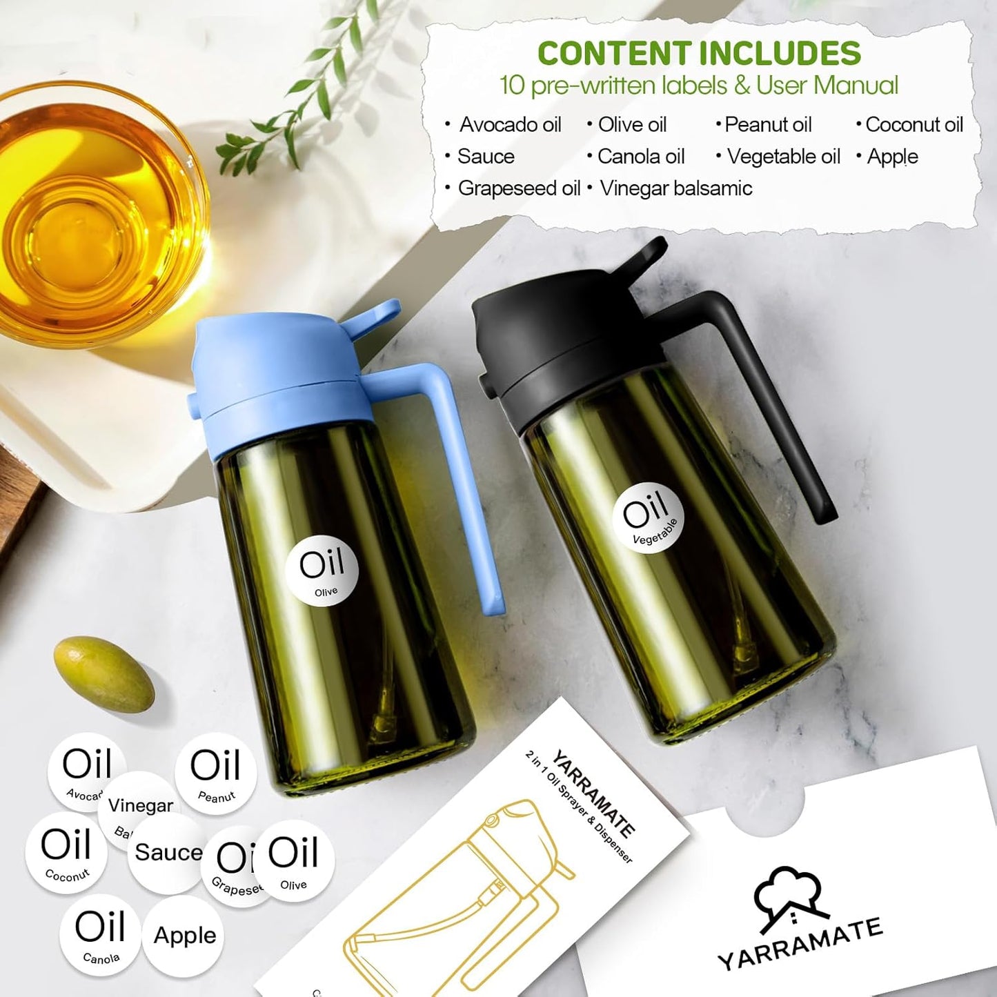 YARRAMATE 16oz Dark Green Oil Sprayer - Premium 2-in-1 Food-Grade Olive Oil Dispenser for Cooking & BBQ