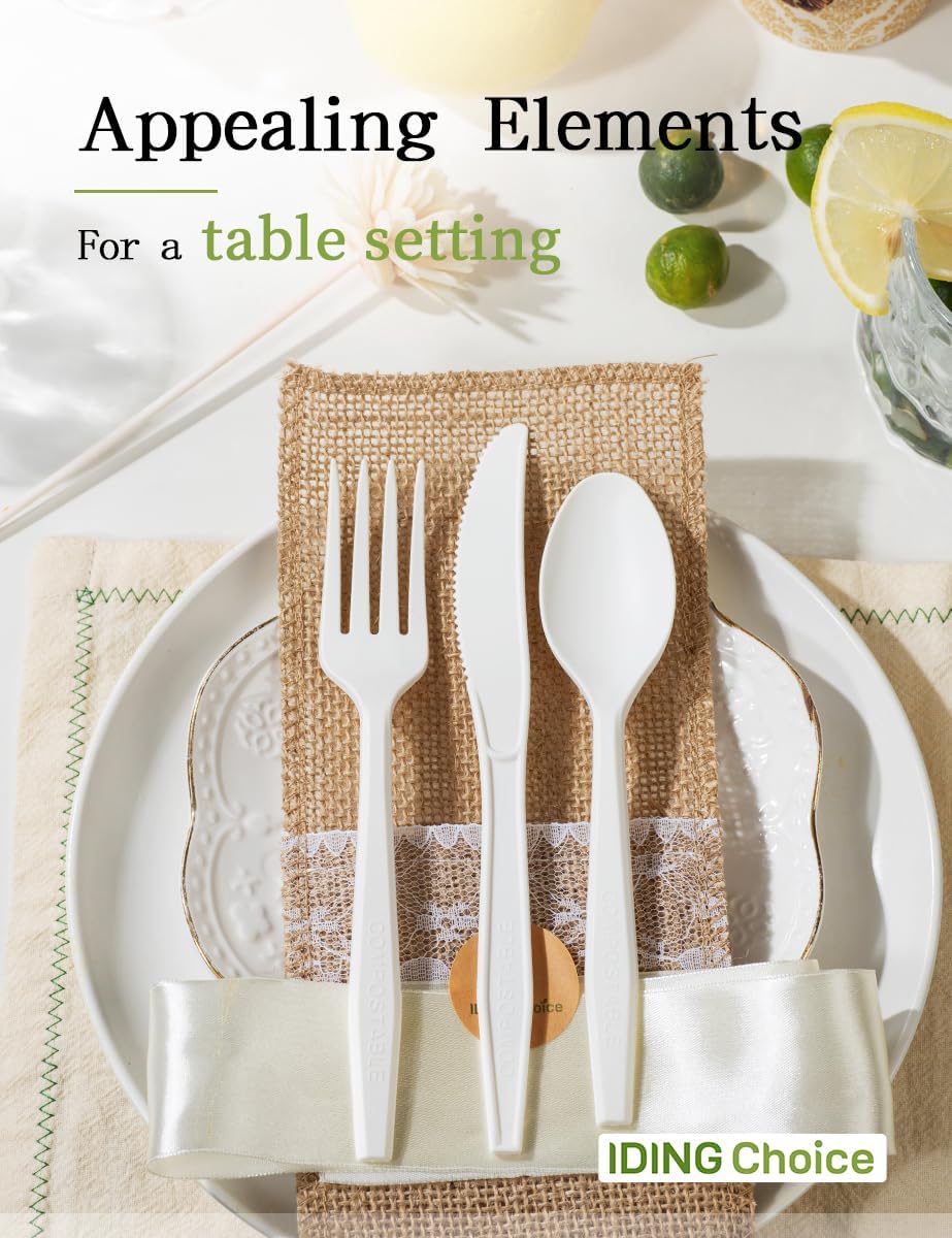 Skiennix Heavy Duty Compostable Cutlery Set - 380 Eco-Friendly Utensils for Weddings, Parties & Camping