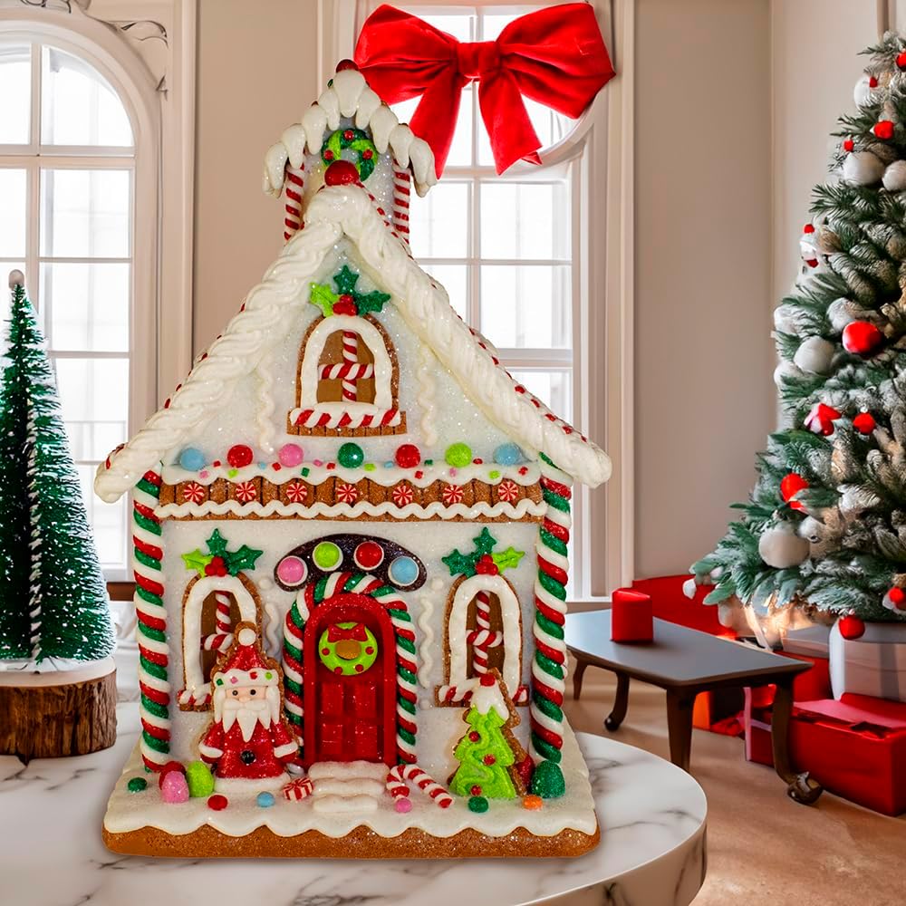 Kurt Adler 13-Inch Gingerbread House Table Piece with Santa | Festive Holiday Decor