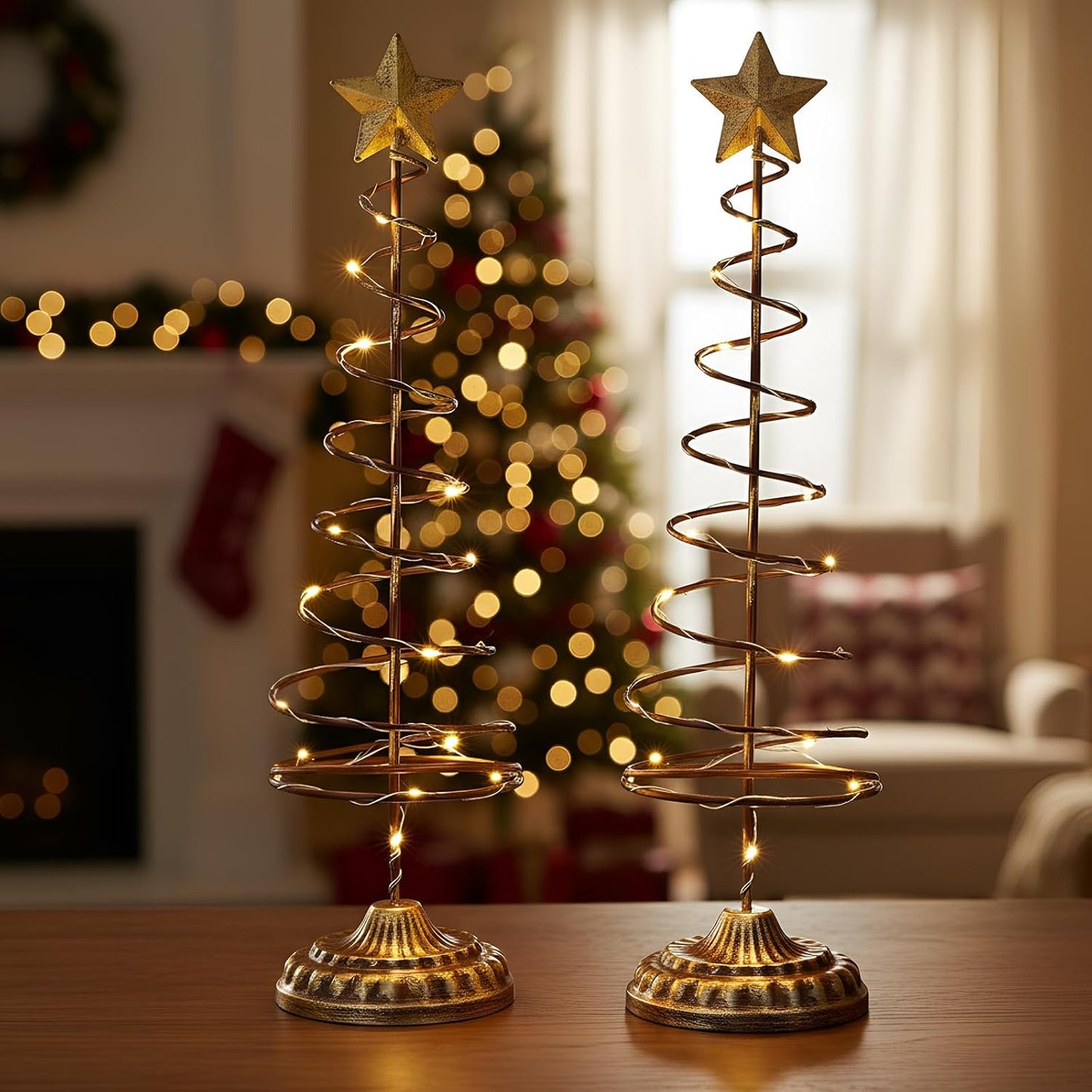 Skiennix Lighted Christmas Tree Table Decoration - Set of 2 Prelit Mini Trees with Golden Star | Battery Operated, Gold