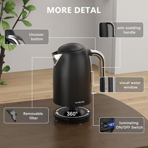 Evoloop Electric Kettle - 1.7L Stainless Steel Tea Kettle with Auto Shut-Off & Boil-Dry Protection | Black