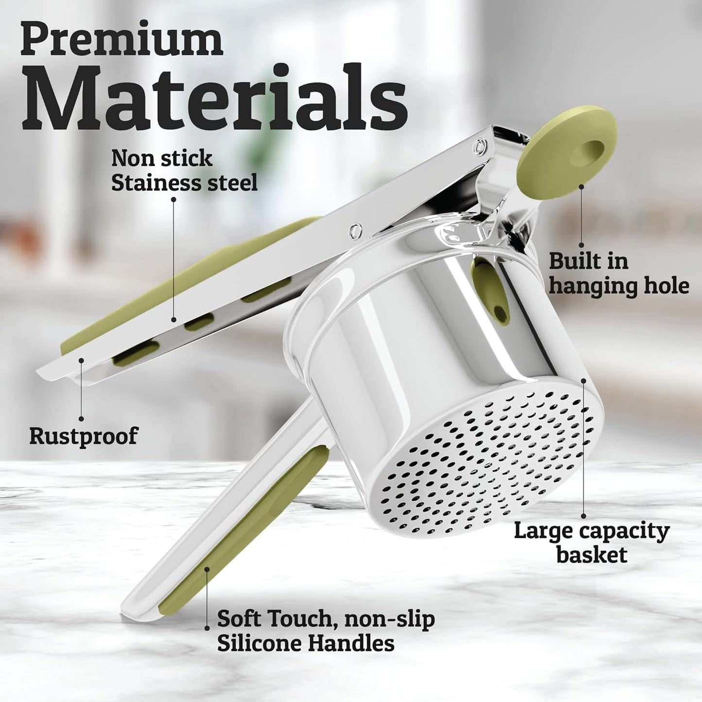 PriorityChef 15oz Potato Ricer - Heavy Duty Stainless Steel Masher with 3 Discs | Olive Green