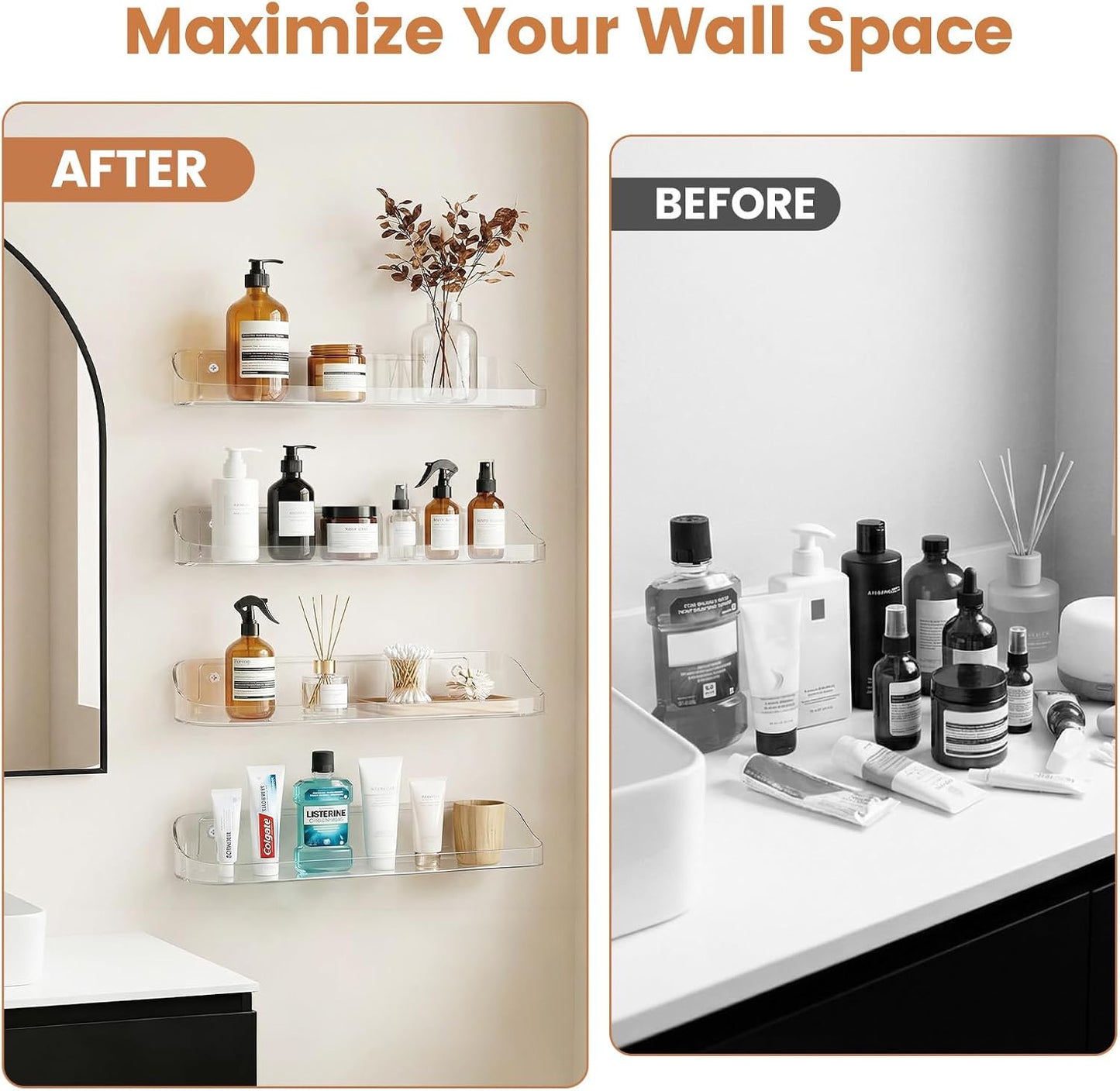 SpaceWhisper Floating Wall Shelves - 6-Pack 15" Clear Display Organizers for Bathroom, Bedroom & Living Room