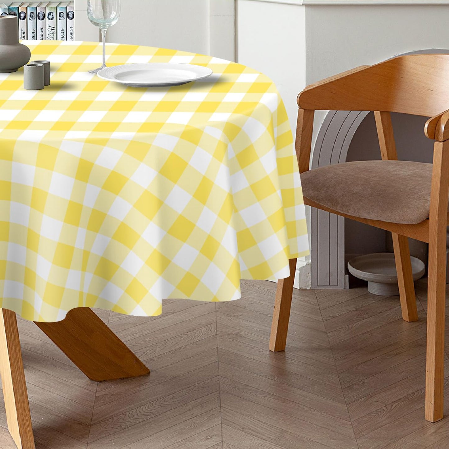 QIKSION Yellow Gingham Round Tablecloth 2 Pack, 84 Inch Plastic Checkered Table Cover Disposable for Parties