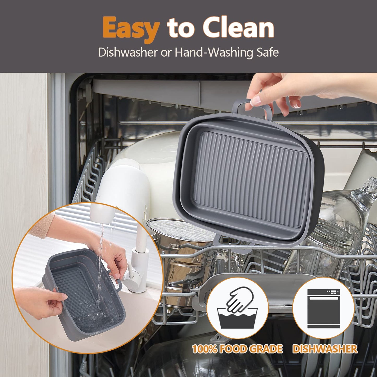 Vangerute Collapsible 2-Pack Air Fryer Silicone Liners for 8QT & 10QT NINJA Foodi Dual, Reusable Rectangular Silicone Basket Pot for Air Fryer Accessories (Gray)