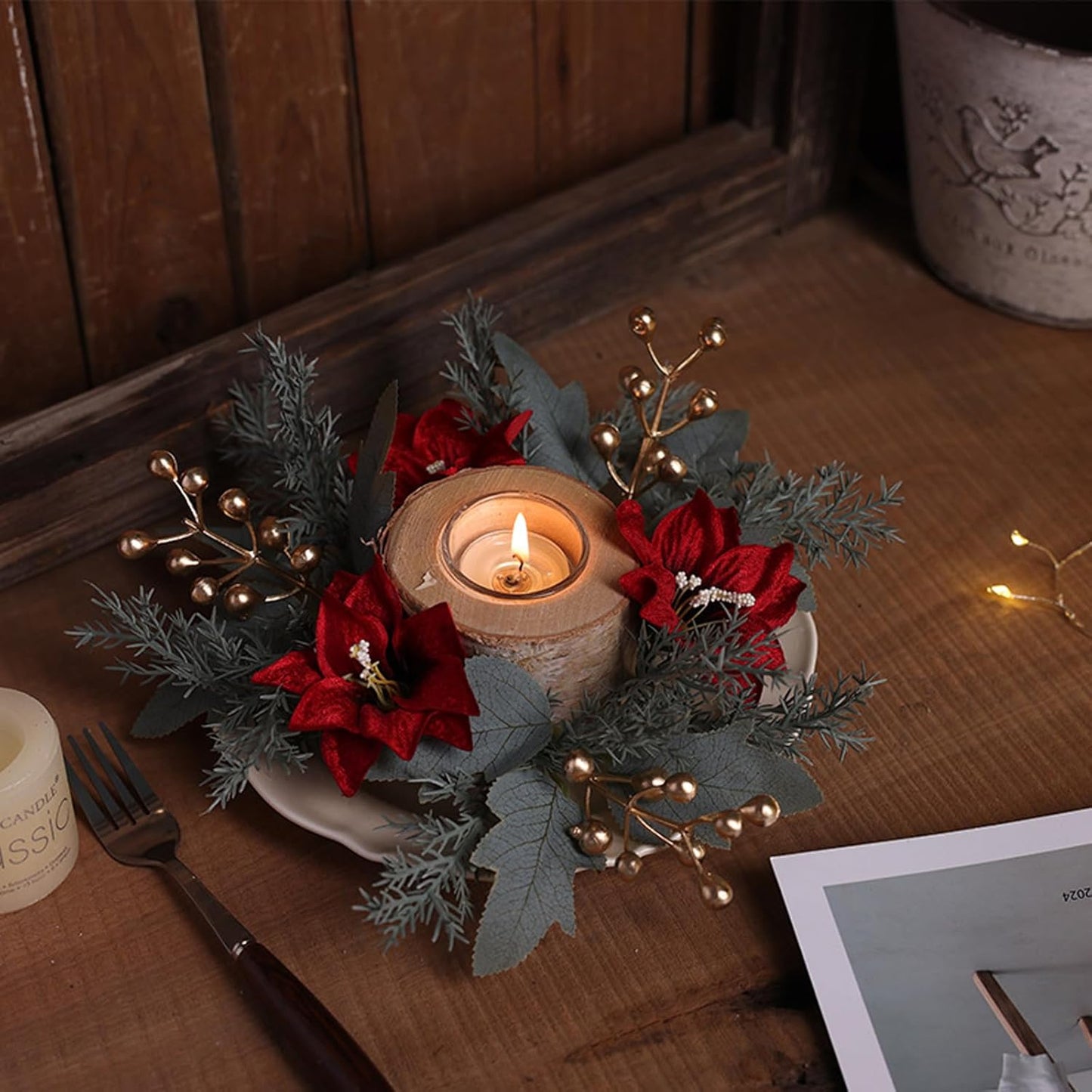 Regine Switzerland Christmas Candle Rings - Pine Needle & Berry Decoration for Winter Centerpieces