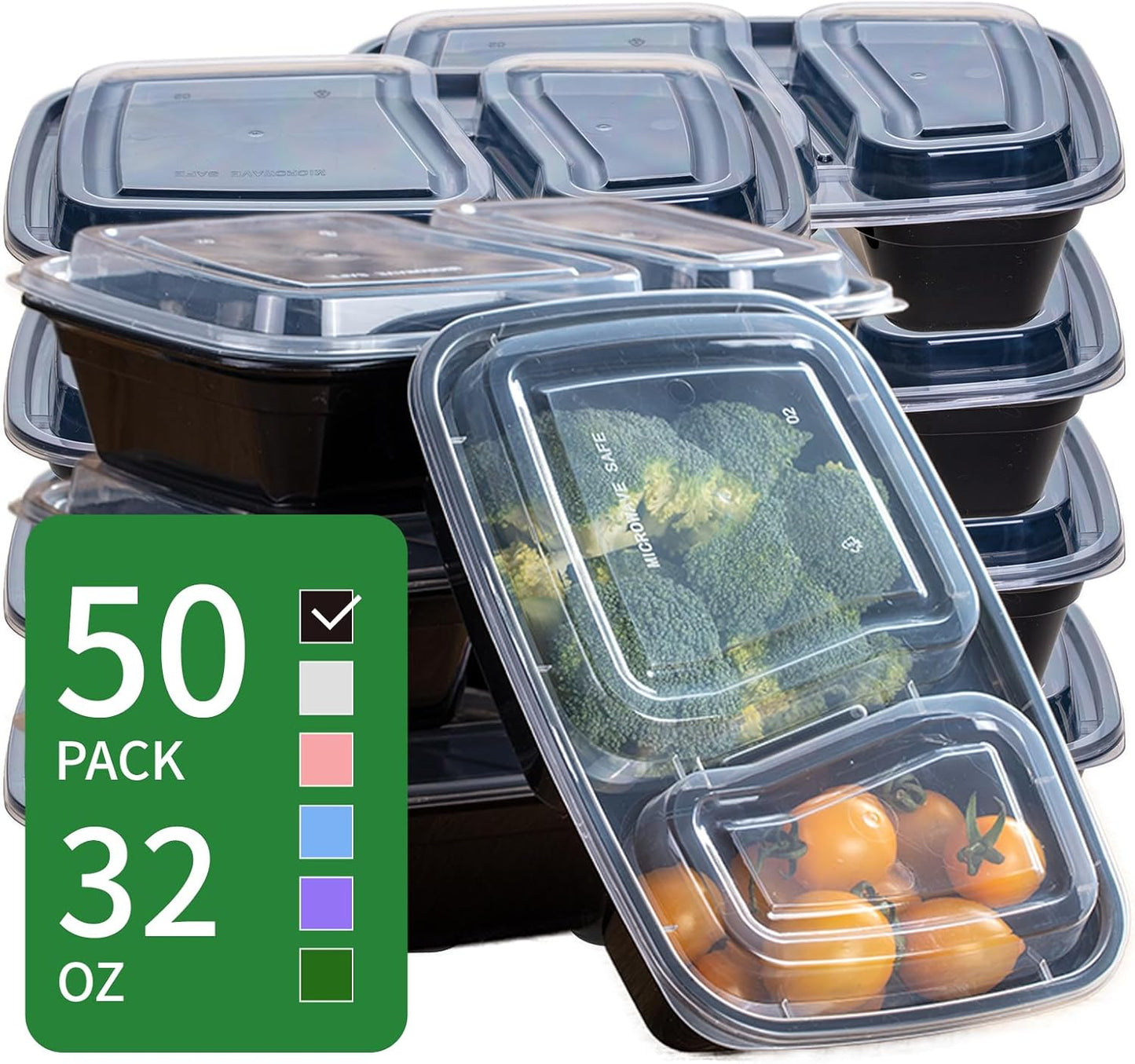 Skiennix Professional Meal Prep Containers - 32oz, 2-Compartment, 50-Pack | Microwave & Freezer Safe
