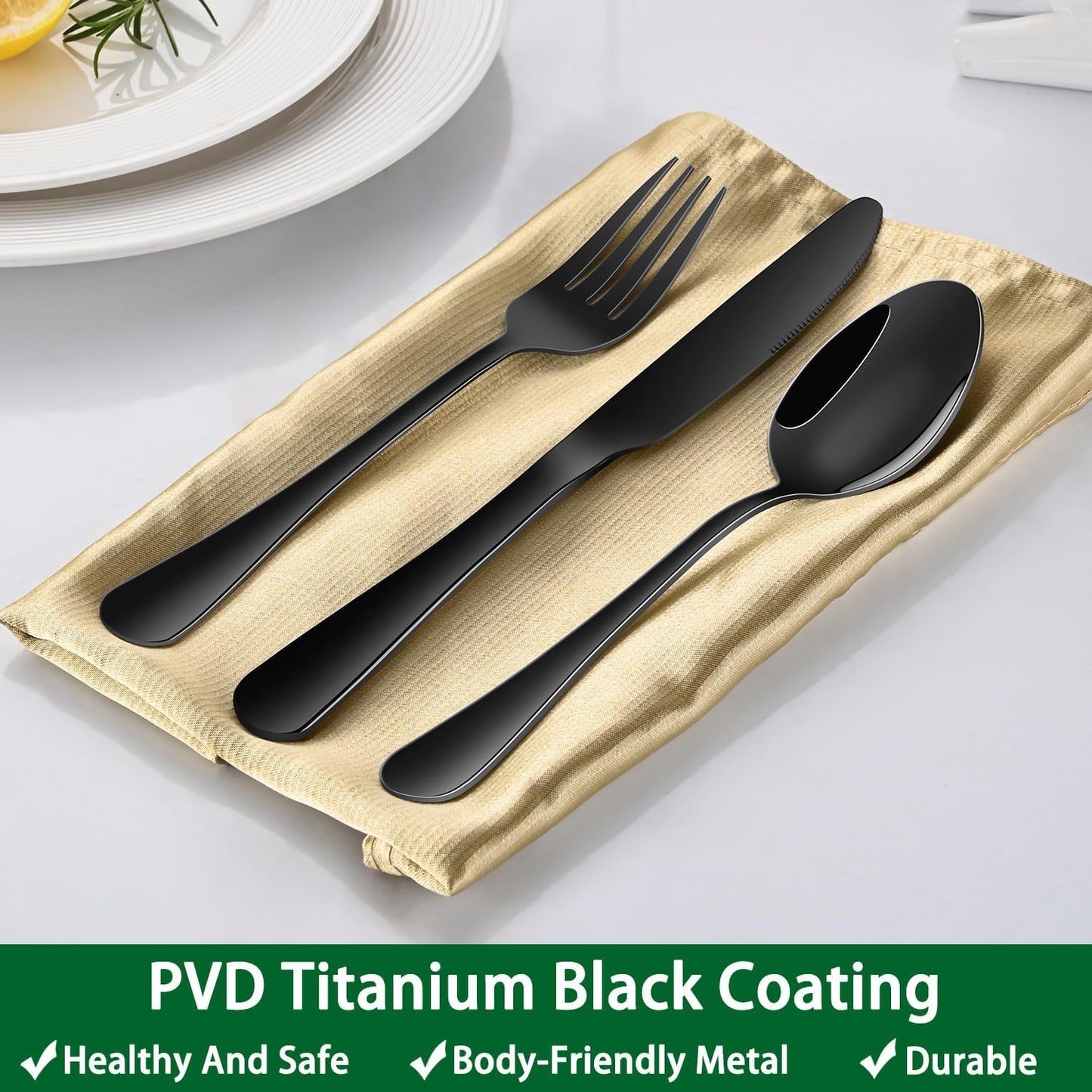 Skiennix 24-Piece Black Silverware Set - Food-Grade Stainless Steel Cutlery for 4 | Mirror Finish