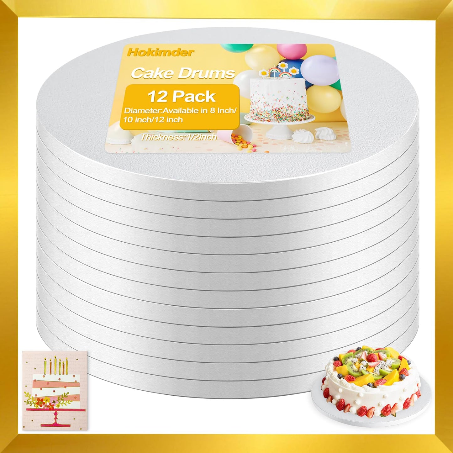 Hokimder 12 PCS Cake Boards 10 Inch Round, 1/2 Inch Thick Sturdy Cardboard Cake Drums, Food Grade White Cake Drum for Wedding, Birthday, Baking, Decorating, Corrugated Cardboard Base Base para Pastel