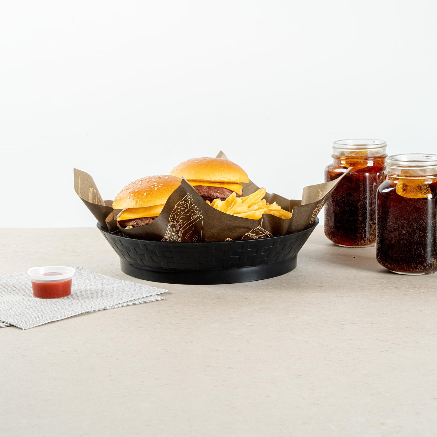 Restaurantware Round Serving Baskets 10 Pack of 10.47 x 2.17 Inch with Base Drainage Slots Microwavable Dishwashable Stackable Plastic Black Food Serving Trays for Restaurants and Catering