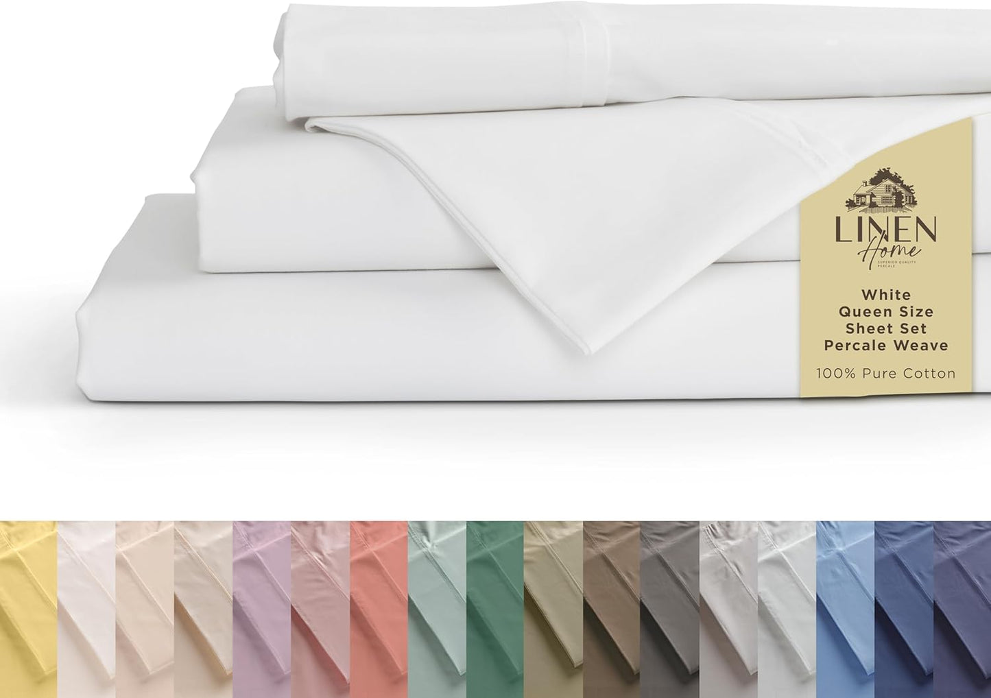 Linen Home 100% Cotton Percale Queen Sheets Set - White Deep Pocket, 4 Pieces for Crisp Comfort