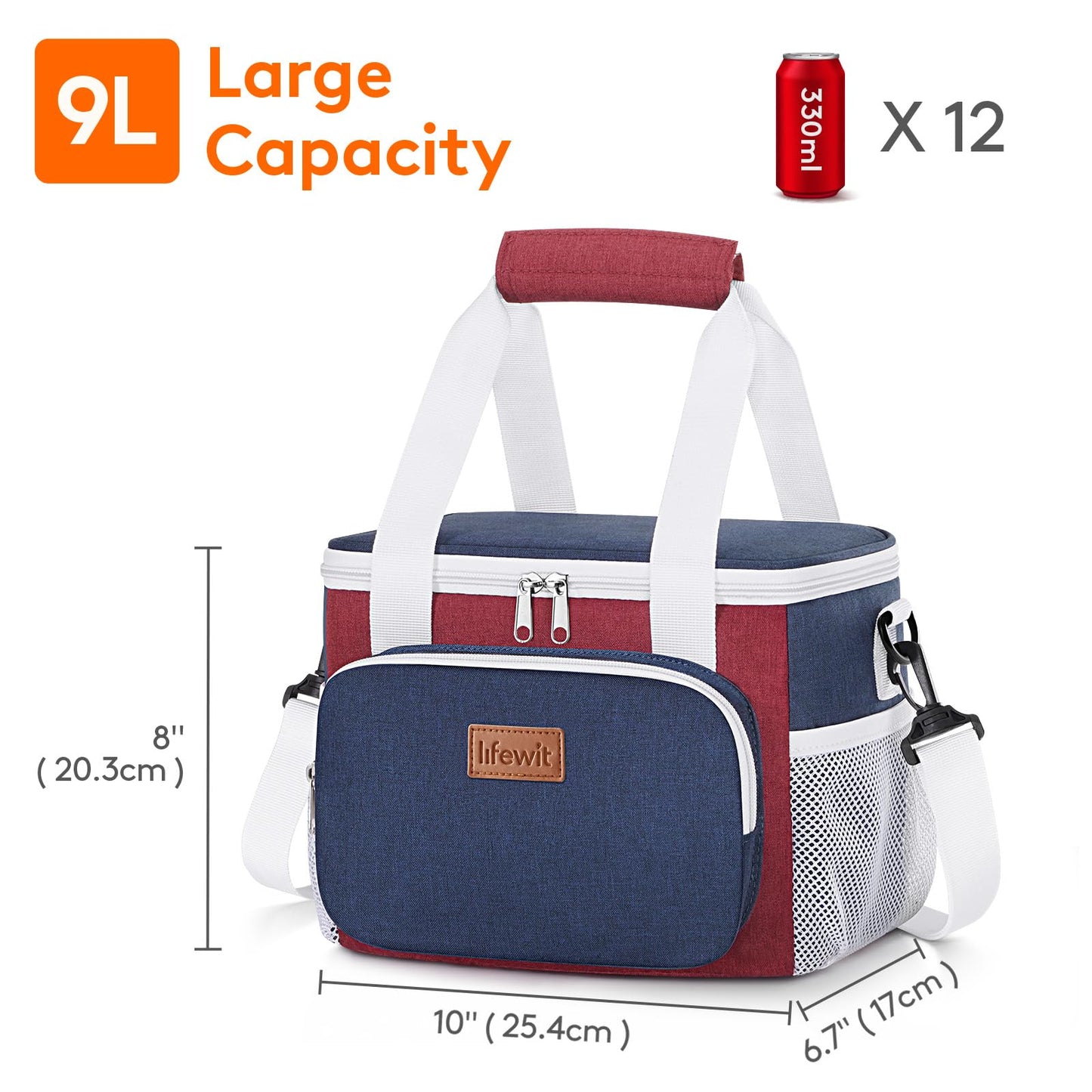Lifewit Medium Lunch Bag, Insulated Lunch Box, Soft Cooler Cooling Tote for Adult Men Women, White and Red and Blue 12-Can (9L)
