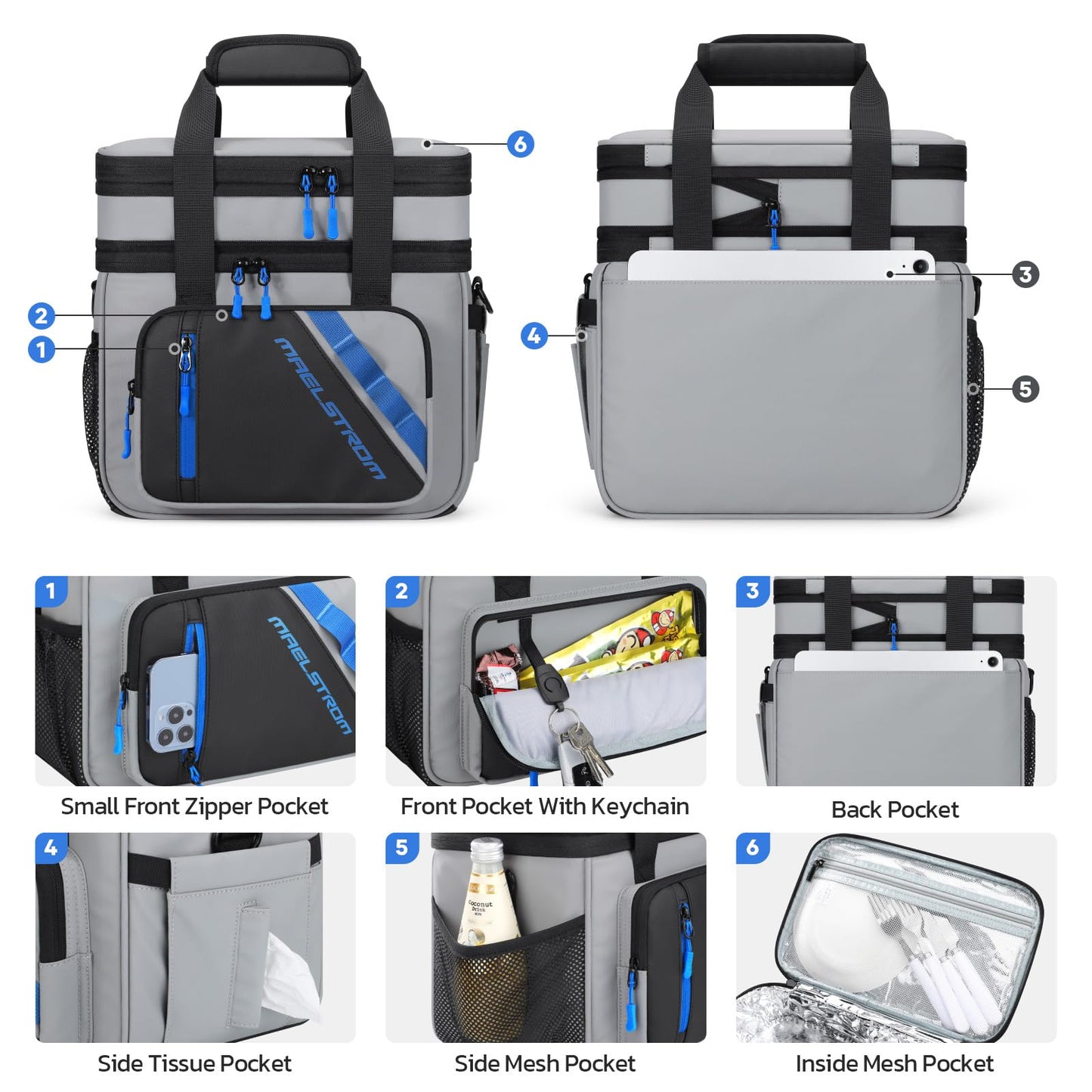 Maelstrom Lunch Box, 20L Insulated Lunch Bag for Men Women, Expandable Double Deck Leakproof Cooler Bag with 6 Pockets, Reusable Lunch Tote Bag for Work, Picnic, Travel, Grey
