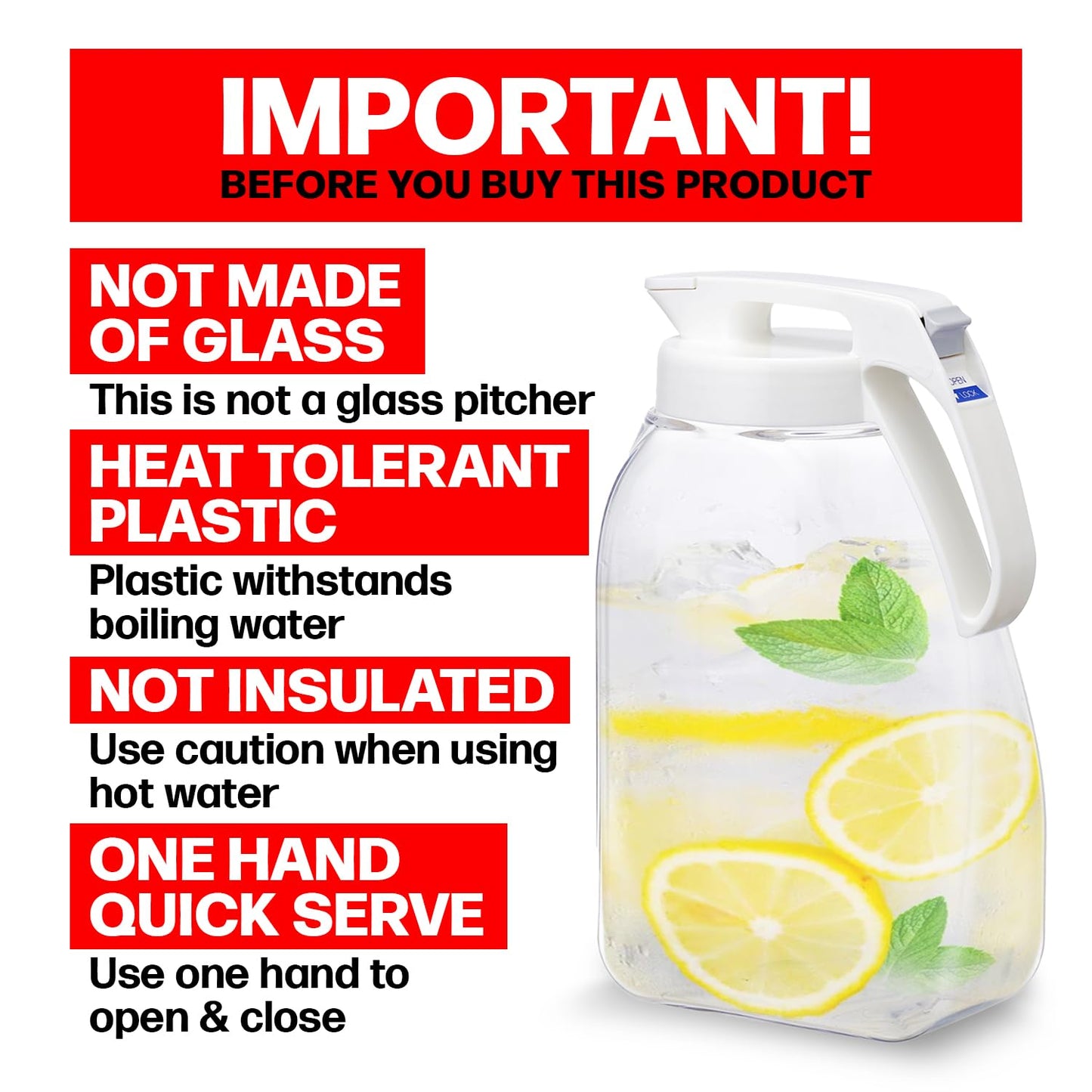QuickServe Large Airtight Pitcher - 3L (101oz), Heat Resistant, BPA-Free SAN Plastic, One Touch Open & Close, Space-Saving, Made in Japan - White