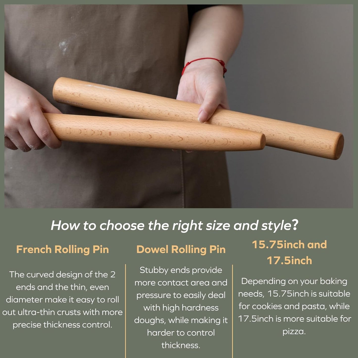 Muso Wood French Rolling Pin - Beech Wood Tapered Design for Baking | 15.75-Inch Size