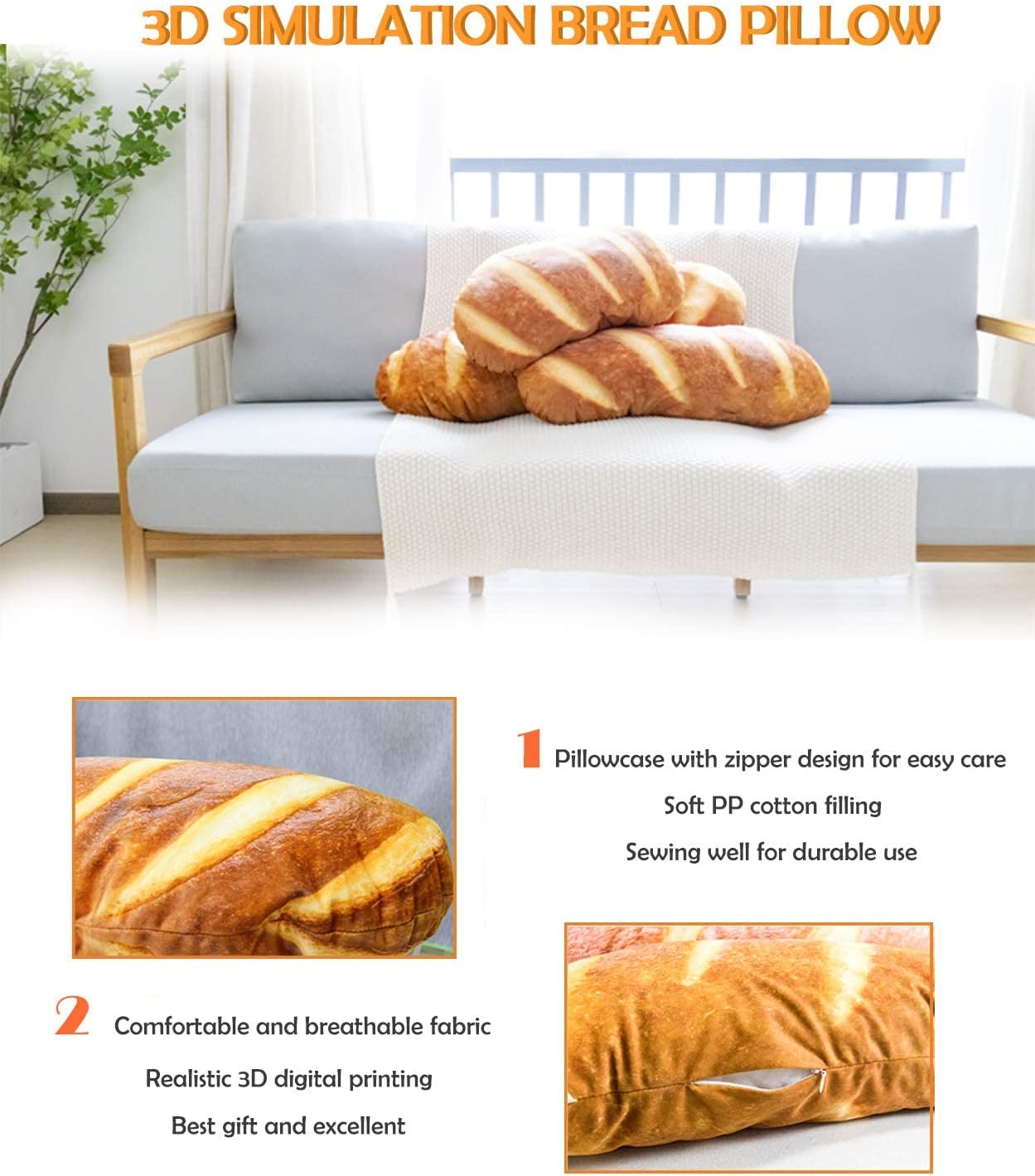 Wepop 40-Inch 3D Simulation Bread Shape Pillow - Soft Baguette Lumbar Back Cushion