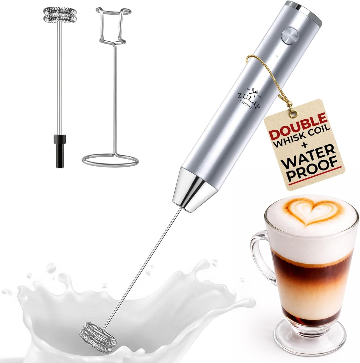 Zulay Kitchen Rechargeable Milk Frother - Powerful 2-Speed Motor, Waterproof Design | 2000mAh Battery - Perfect for Lattes, Cappuccinos, Matcha & Protein Drinks - Pure Silver