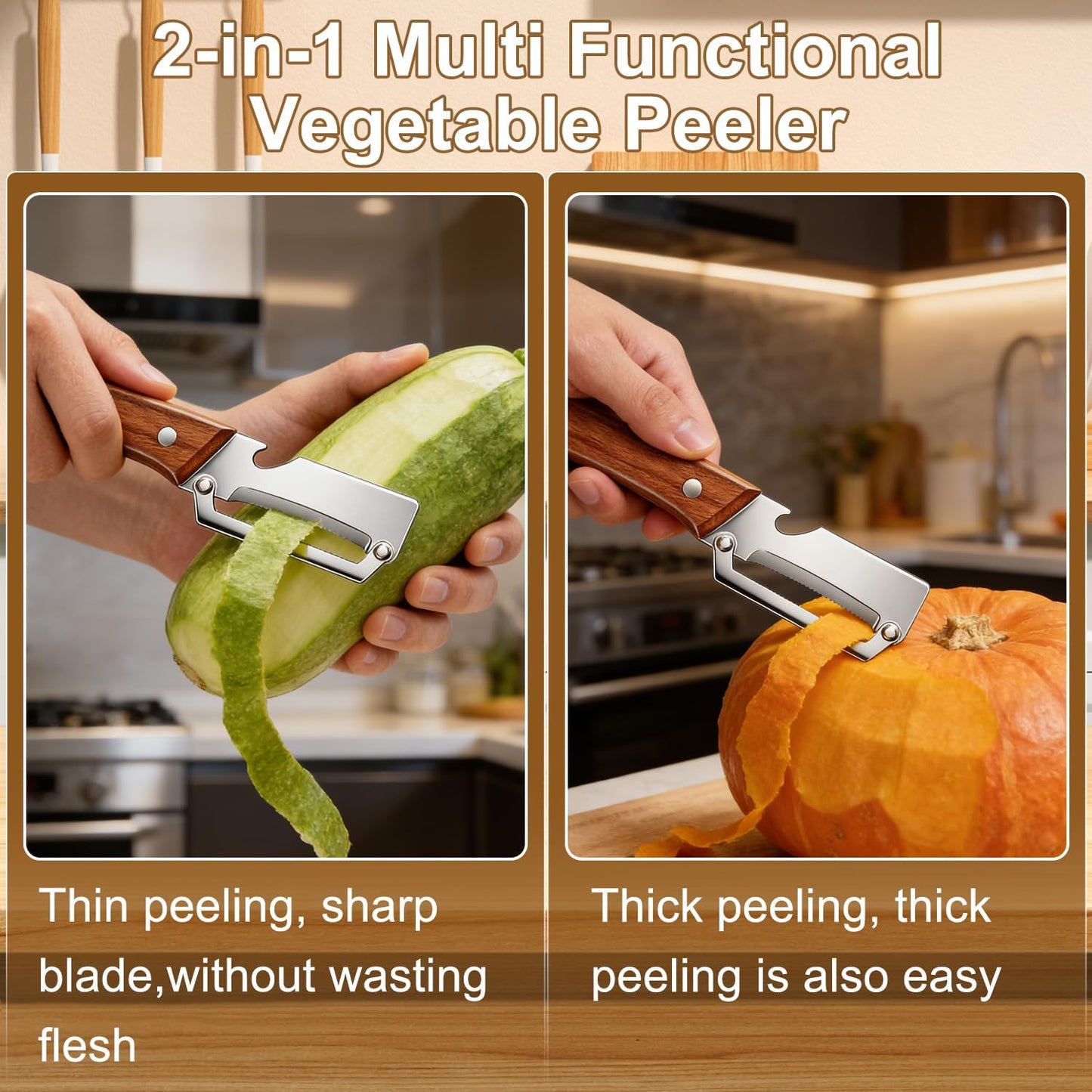 Skiennix Premium Vegetable Peeler Set - 2PCS Multi-Functional Kitchen Tool with Wooden Handle & Stainless Steel Blade